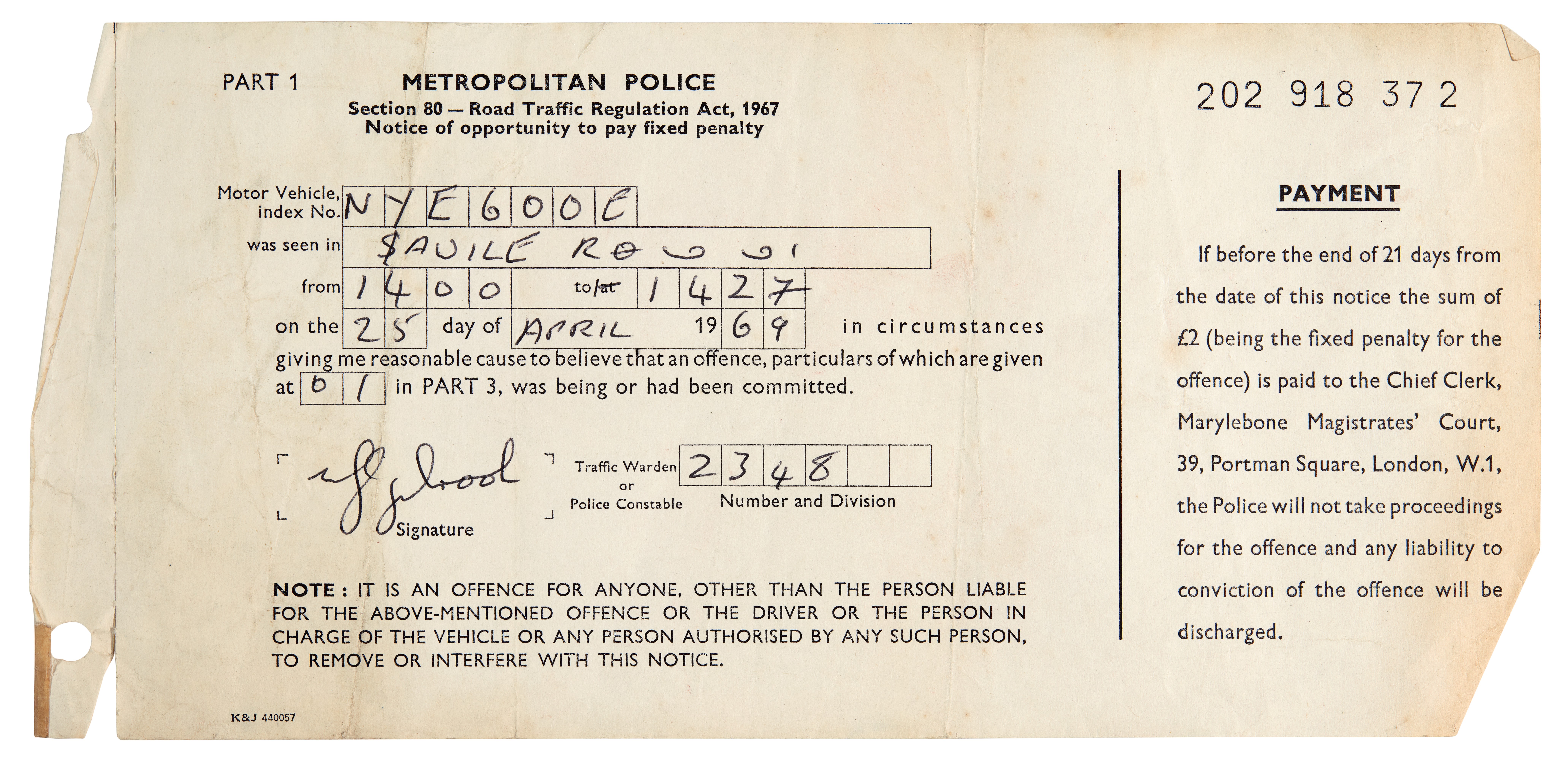 A parking ticket issued to Ringo Starr