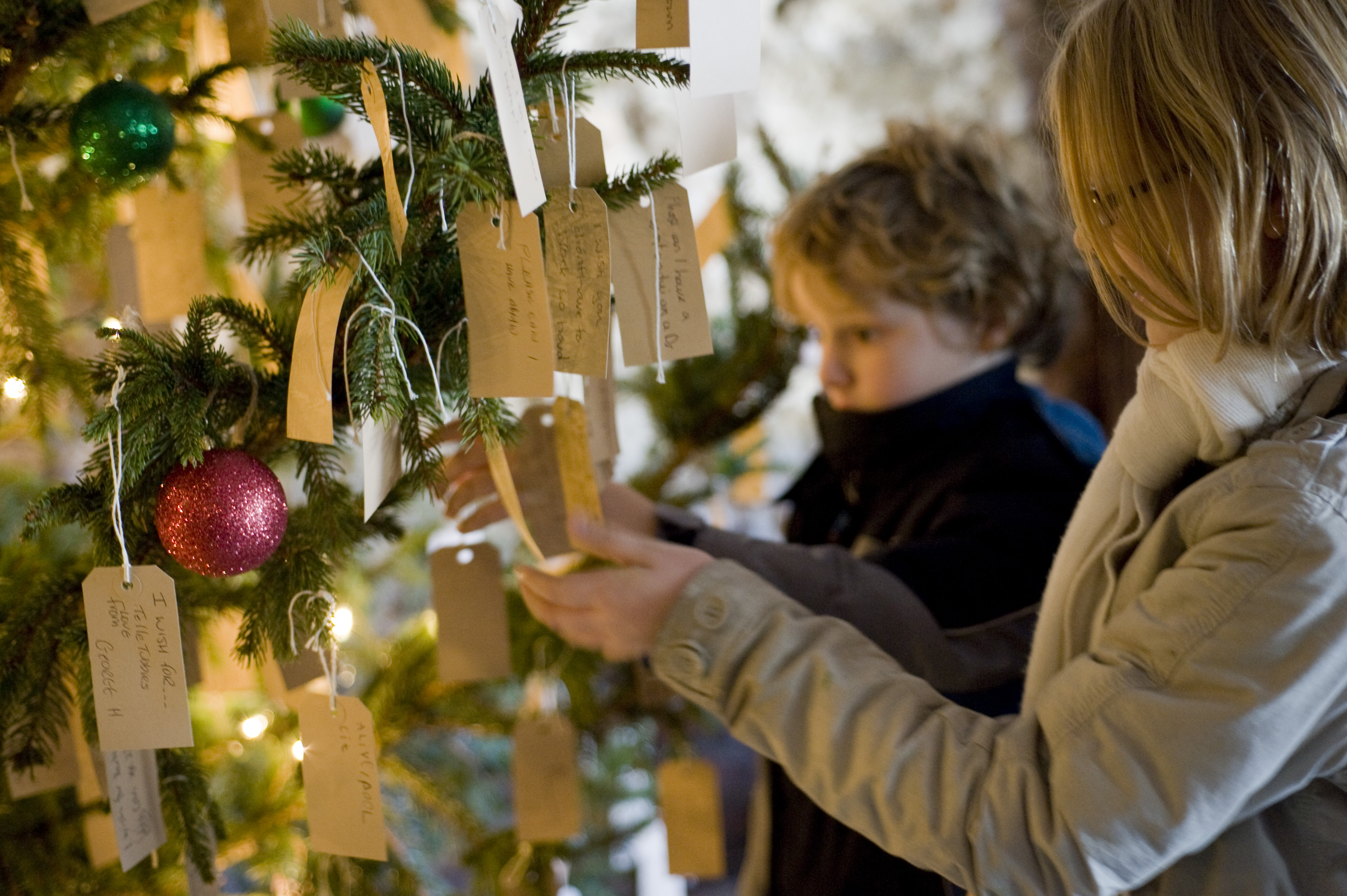 Children looking at the decorations and Christmas wishes on a tree at an event at Chirk Castle, Wrexham, Wales