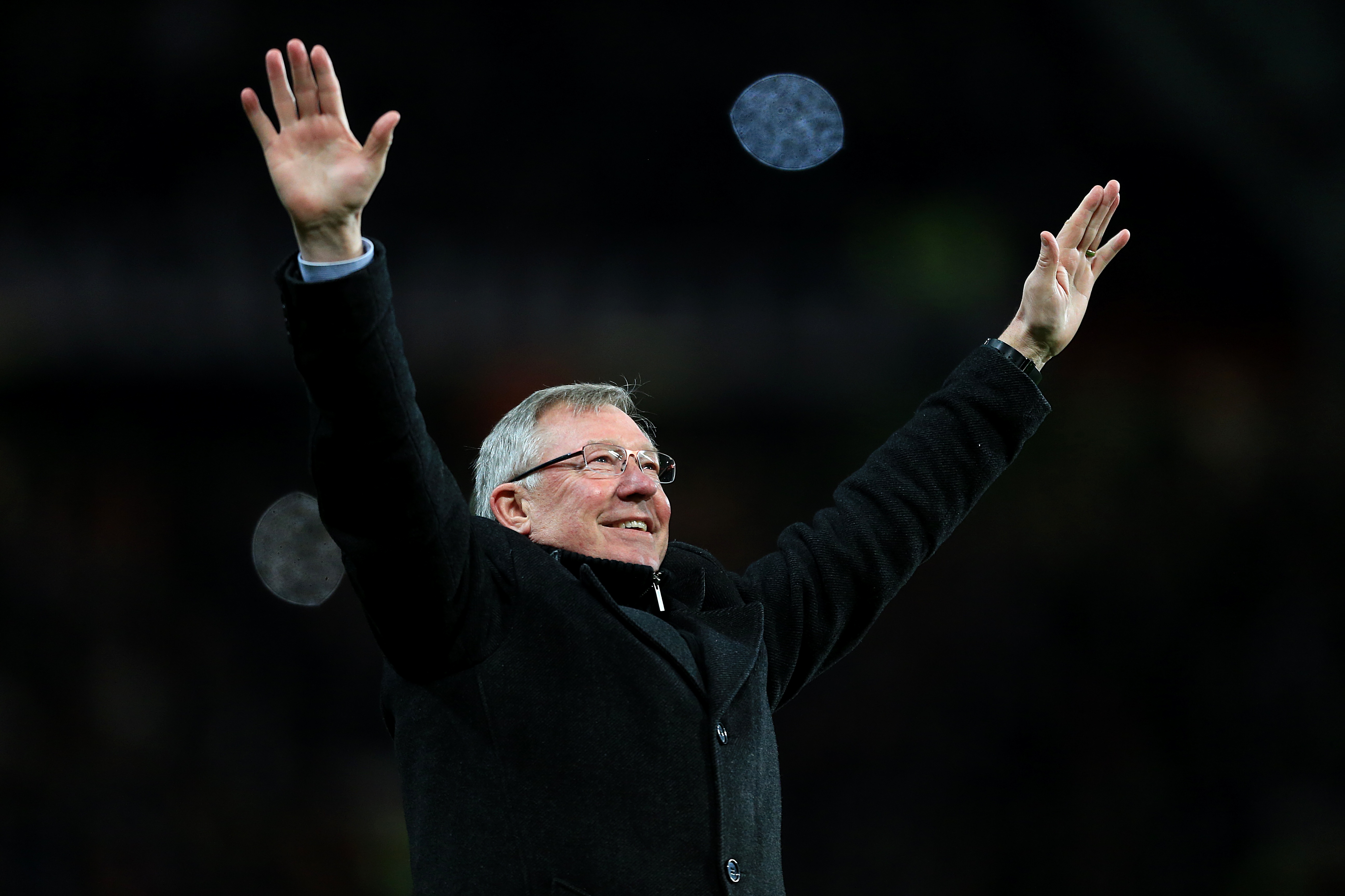 Sir Alex Ferguson celebrates in April 2013 after a Robin Van Persie hat-trick earned a 3-0 win over Aston Villa to secure his 13th and final title as Manchester United manager. Ferguson, then aged 71, retired at the end of the 2012-13 season having won 38 trophies during his 26 years at the club