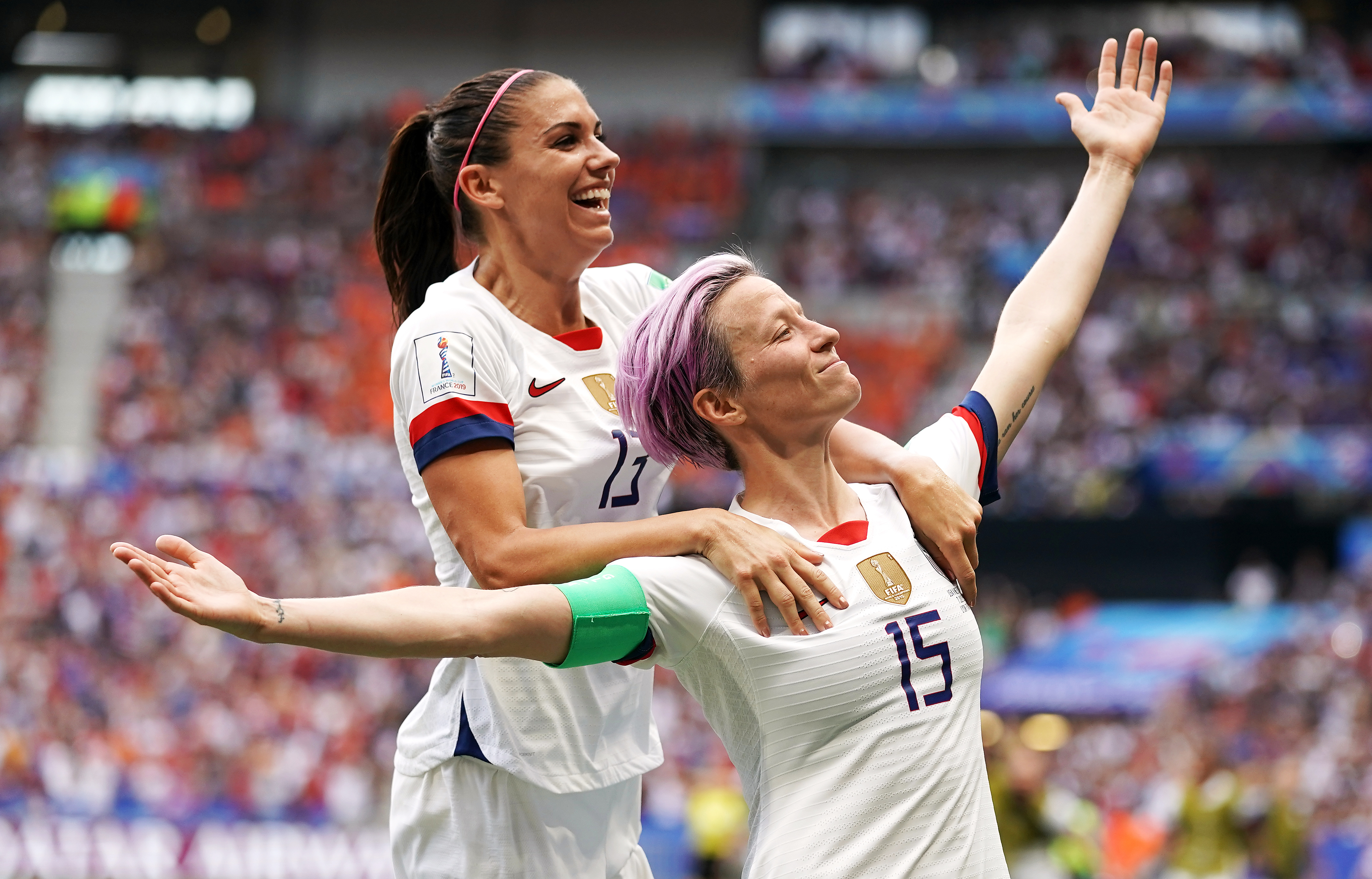World Cup golden ball winner Megan Rapinoe, right, celebrates with Alex Morgan scoring the opening goal during the women's World Cup final. The United States won the competition for the fourth time following a 2-0 victory over the Netherlands in Lyon. Veteran winger Rapinoe and Morgan finished the tournament as joint top scorers, alongside England's Ellen White, with six goals each
