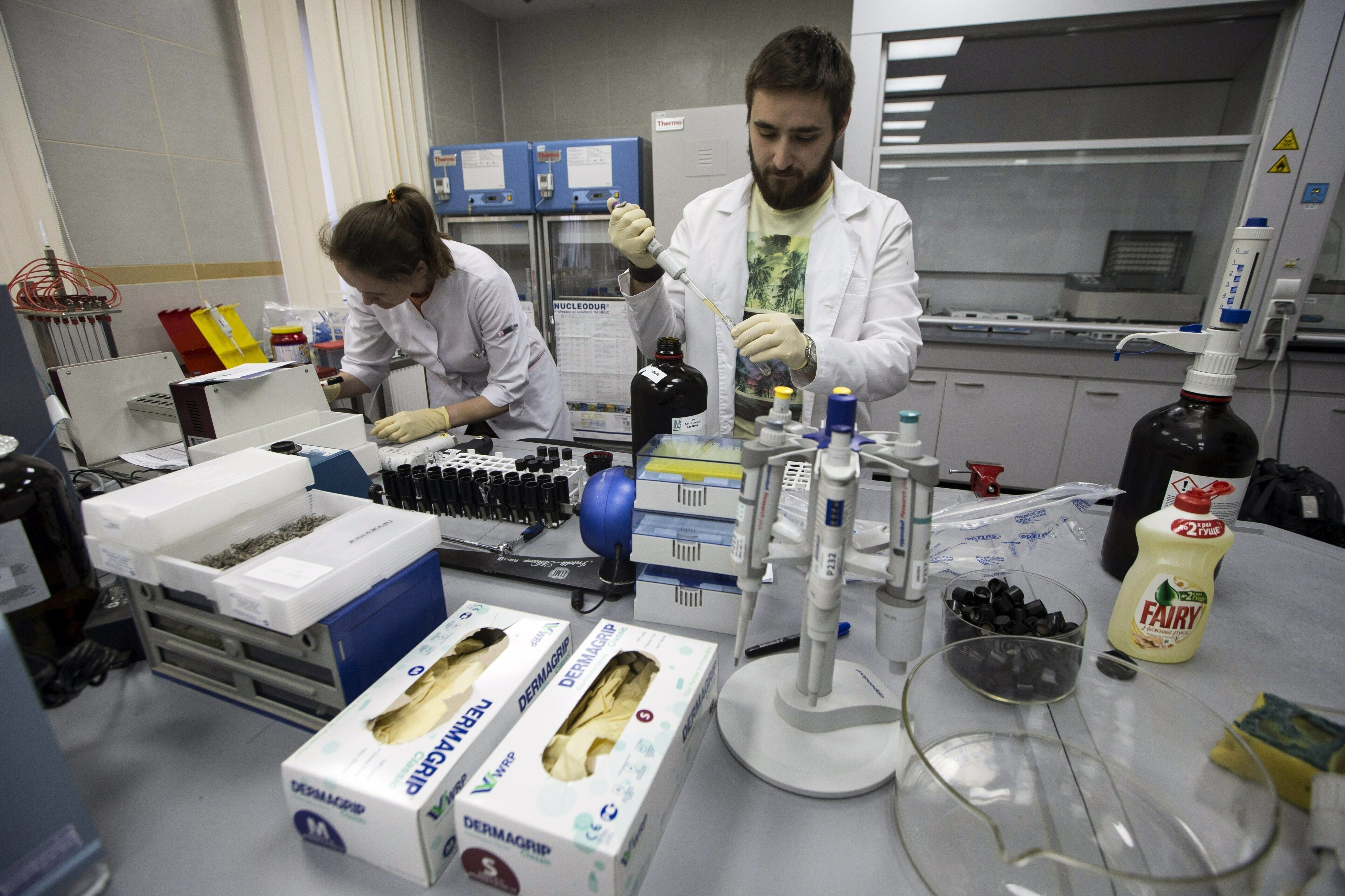 Technicians at Russia's national drug-testing laboratory in Moscow