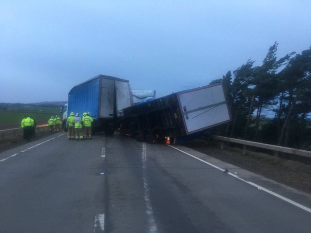 The two lorries blown over on the A1