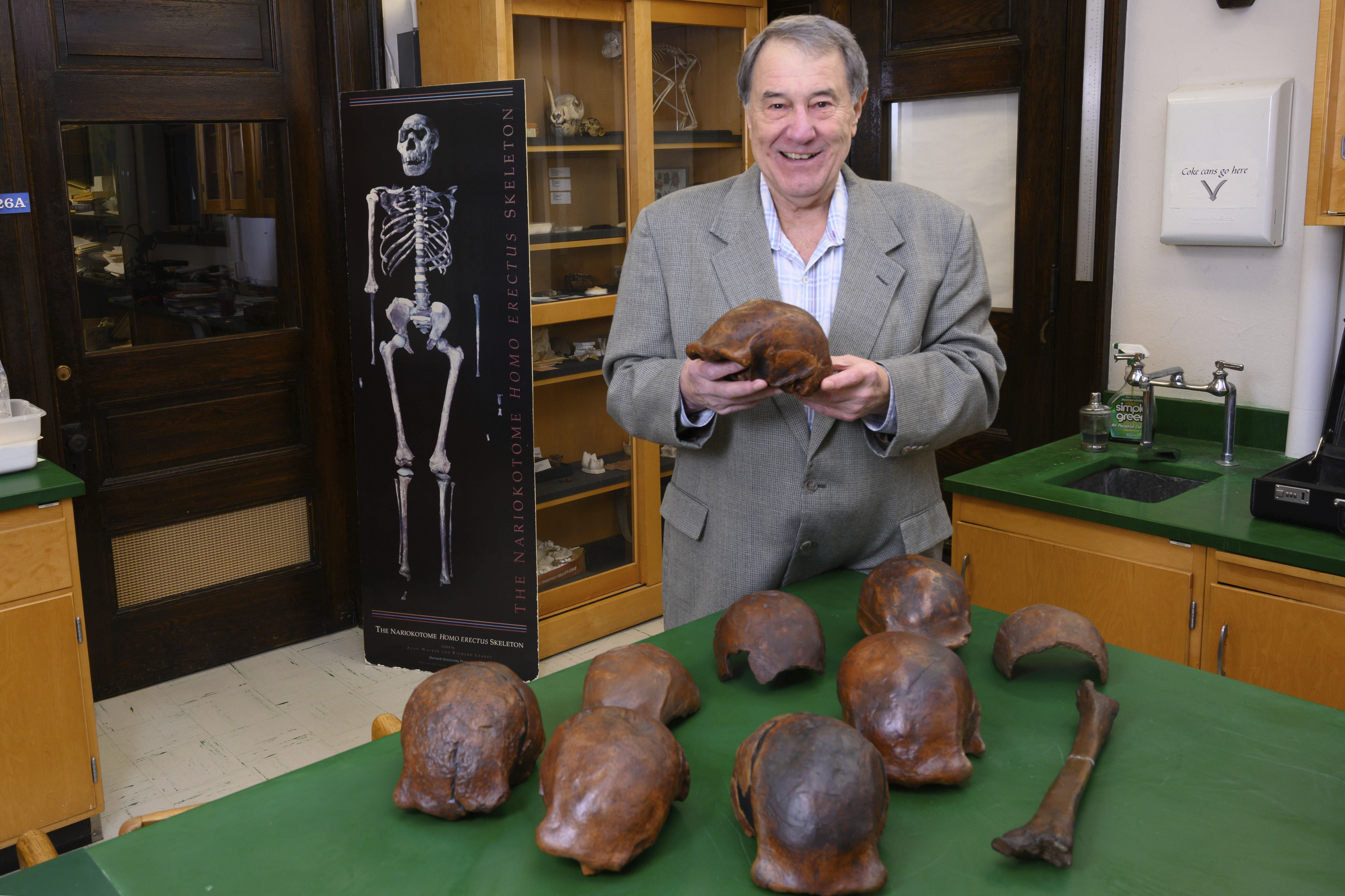 Professor Russell Ciochon holds a cast of a Homo erectus skull