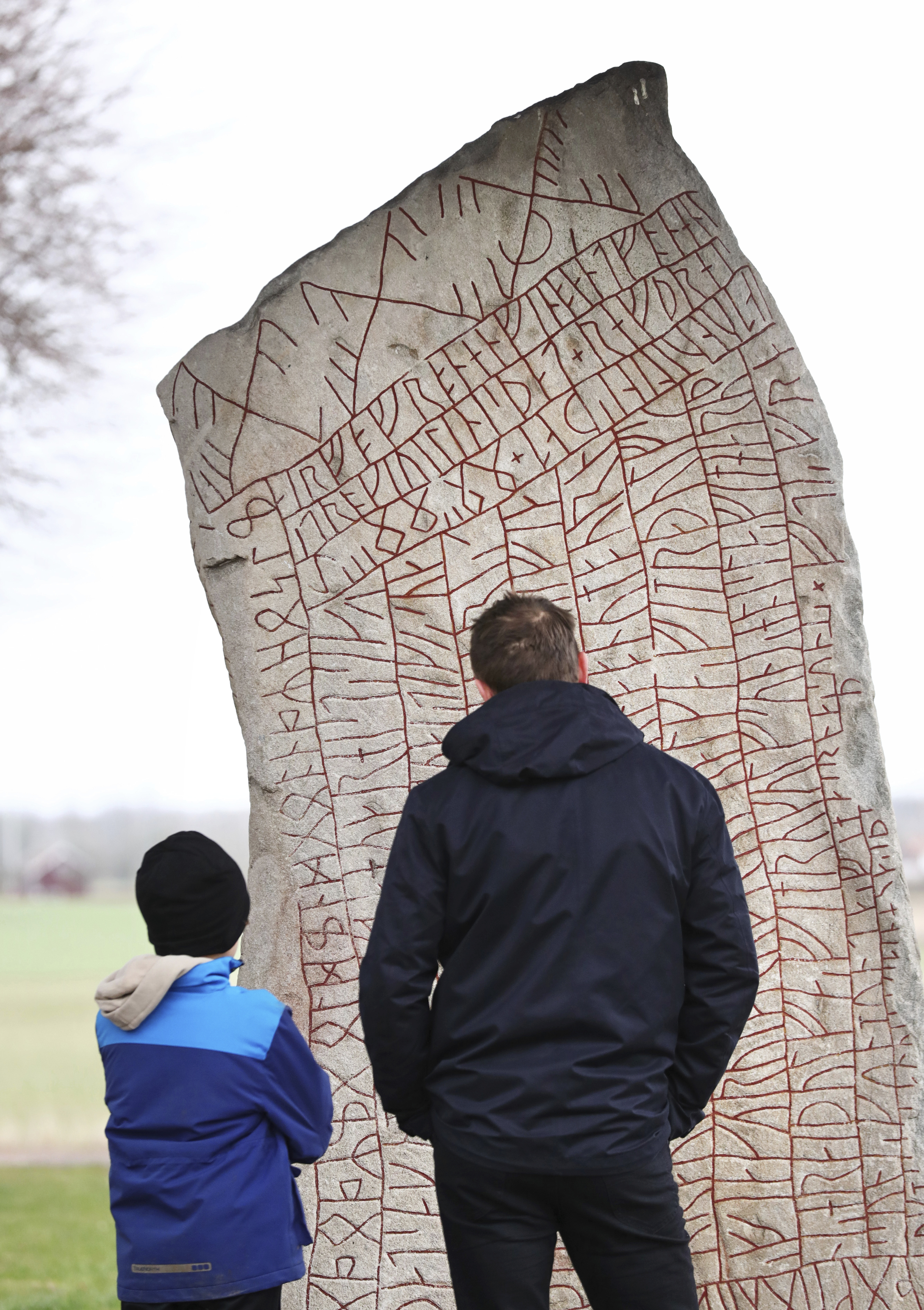 A father and son look at a Viking-era runic stone near Lake Vattern and the town of Odeshog, Sweden