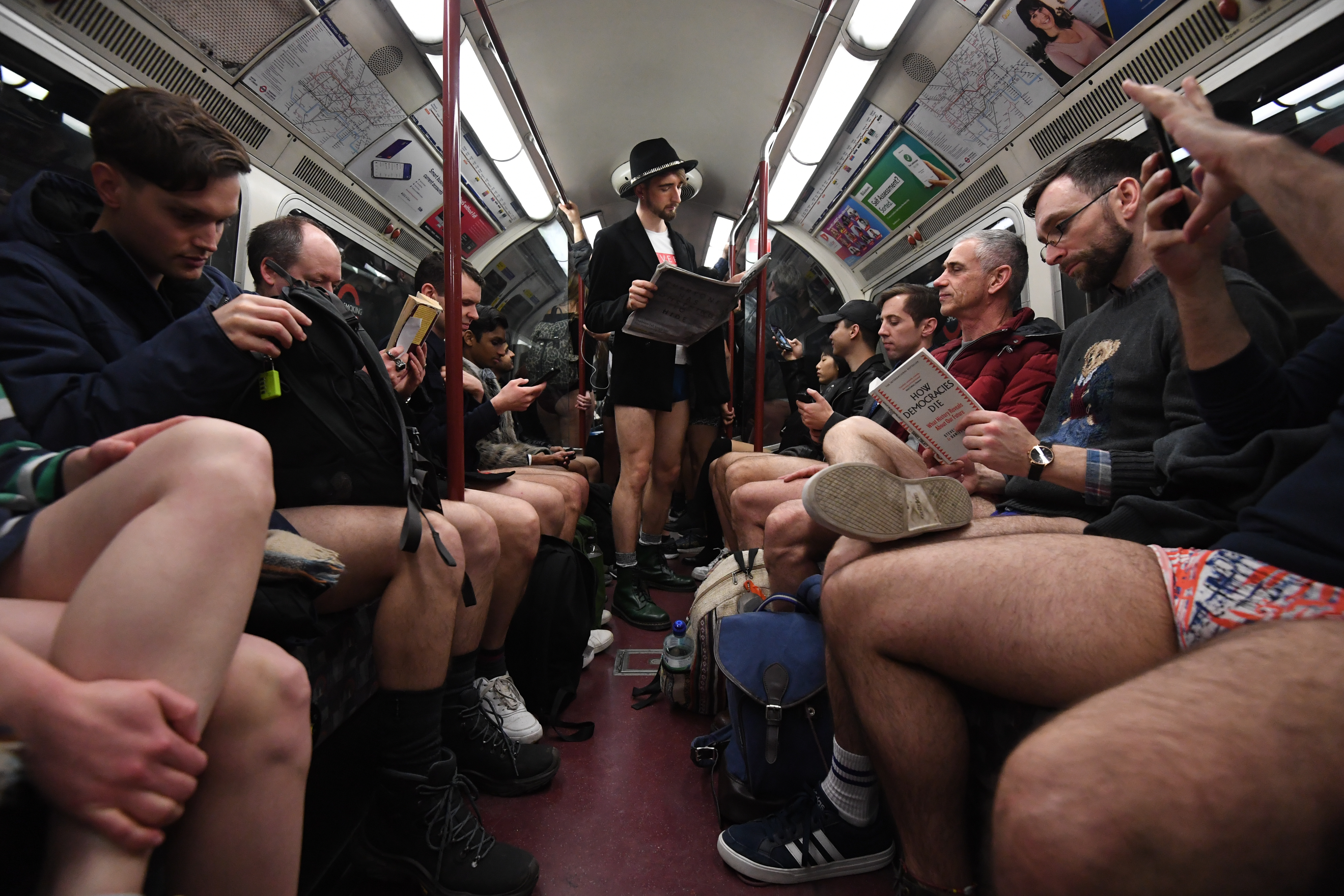 People riding the tube as they take part in the 11th annual No Trousers Tube Ride in London.
