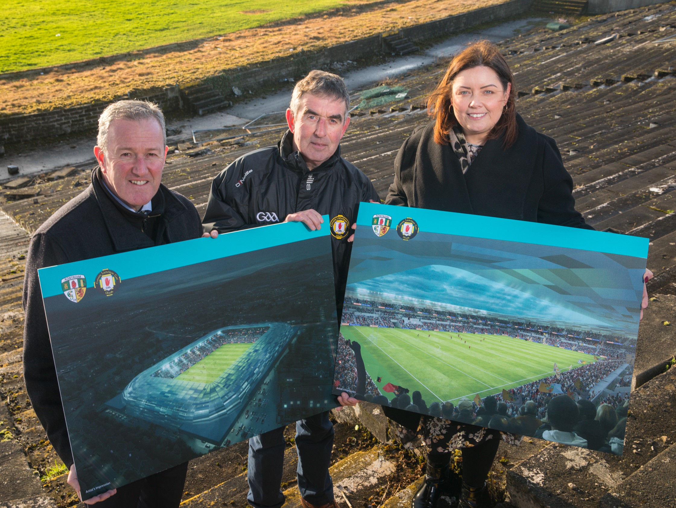 Communities Minister Deirdre Hargey, Tom Daly, the chairman of Casement Park Stadium Development Project Board, and Finance Minister Conor Murphy at Casement Park 