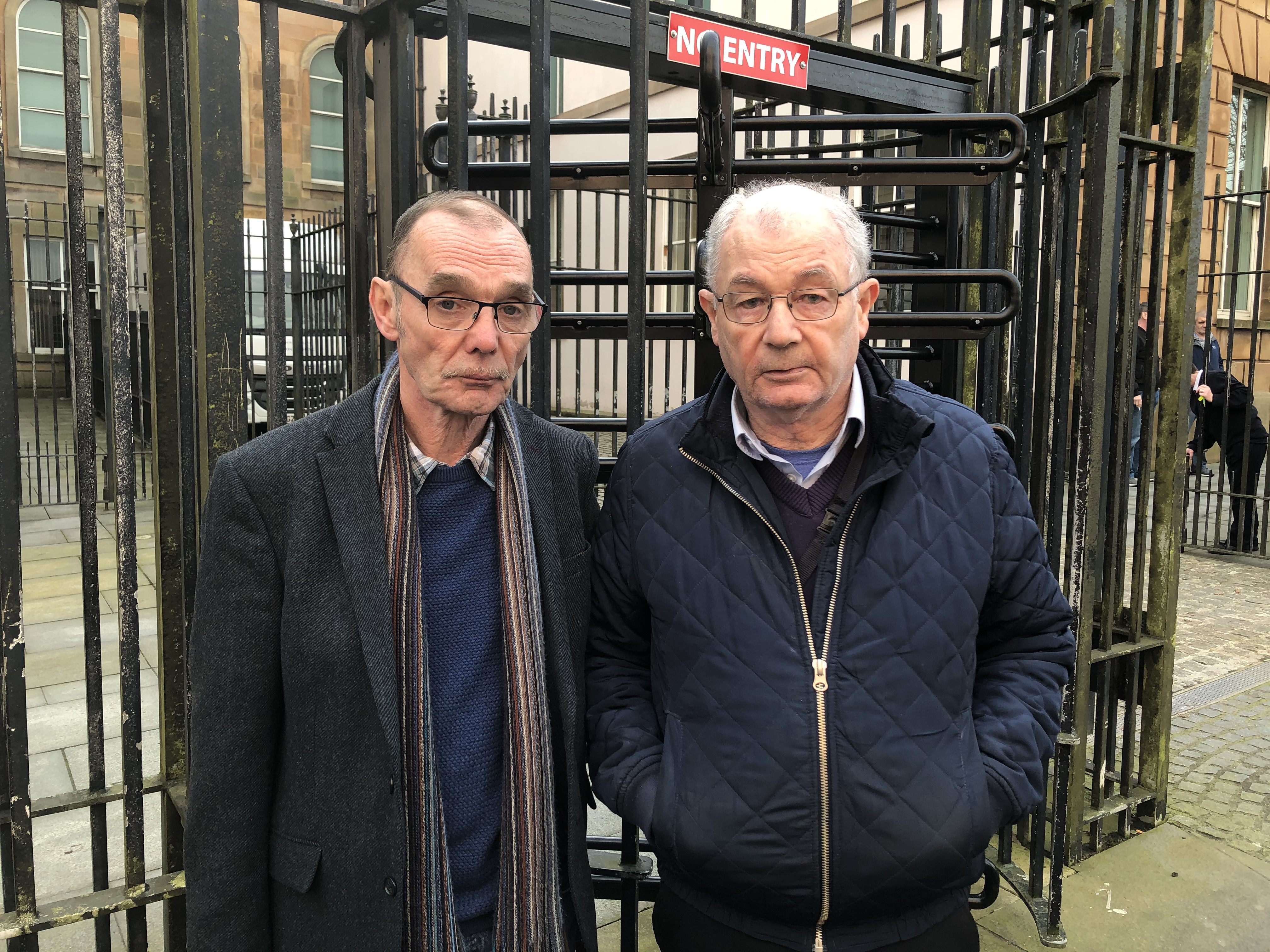 Liam Wray (left) and Mickey McKinney outside Bishop Street courthouse in Derry
