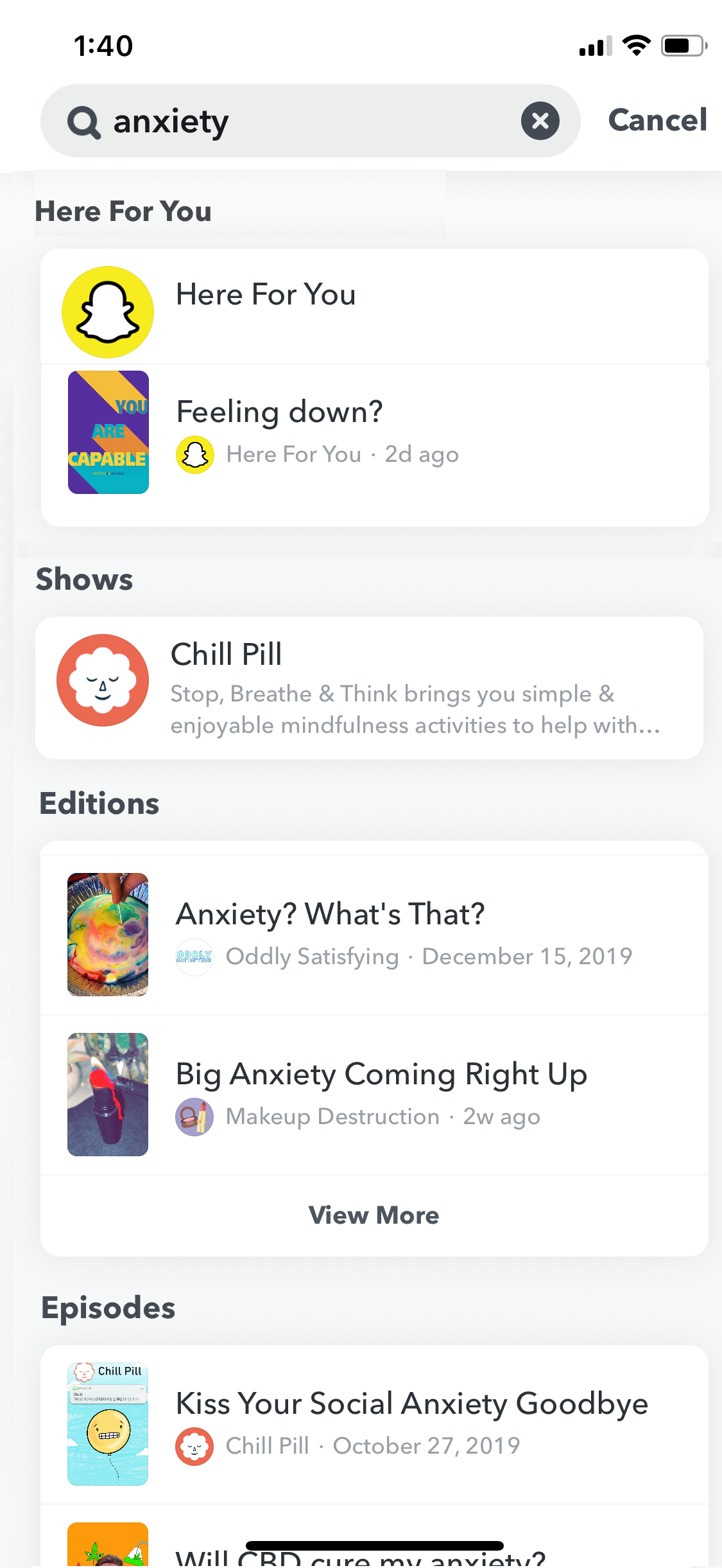 A view of Snapchat's new Here for You tool, which will show user's safety resources when they search for certain topics linked to mental health.