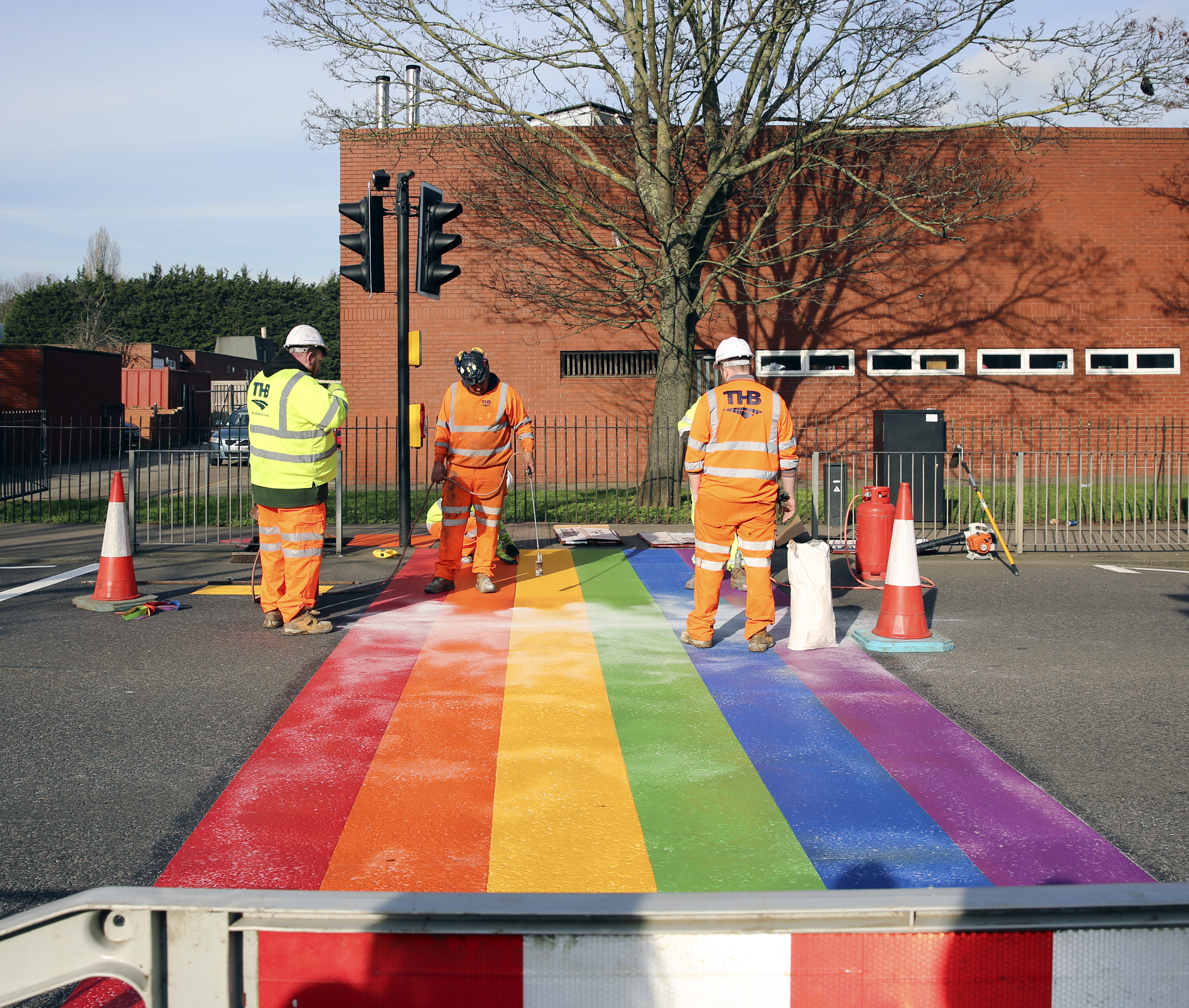 The rainbow crossing outside Woodside High School