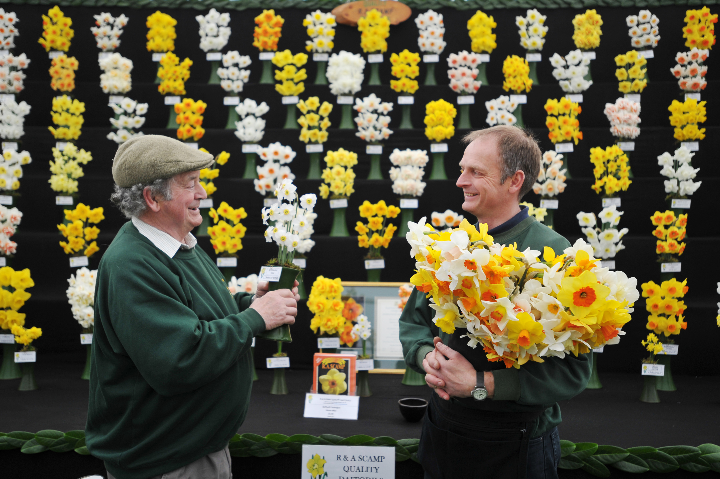 Ron Scamp (left) and his son Adrian with their daffodils at the RHS Flower Show Cardiff (Bethany Clarke/RHS/PA)