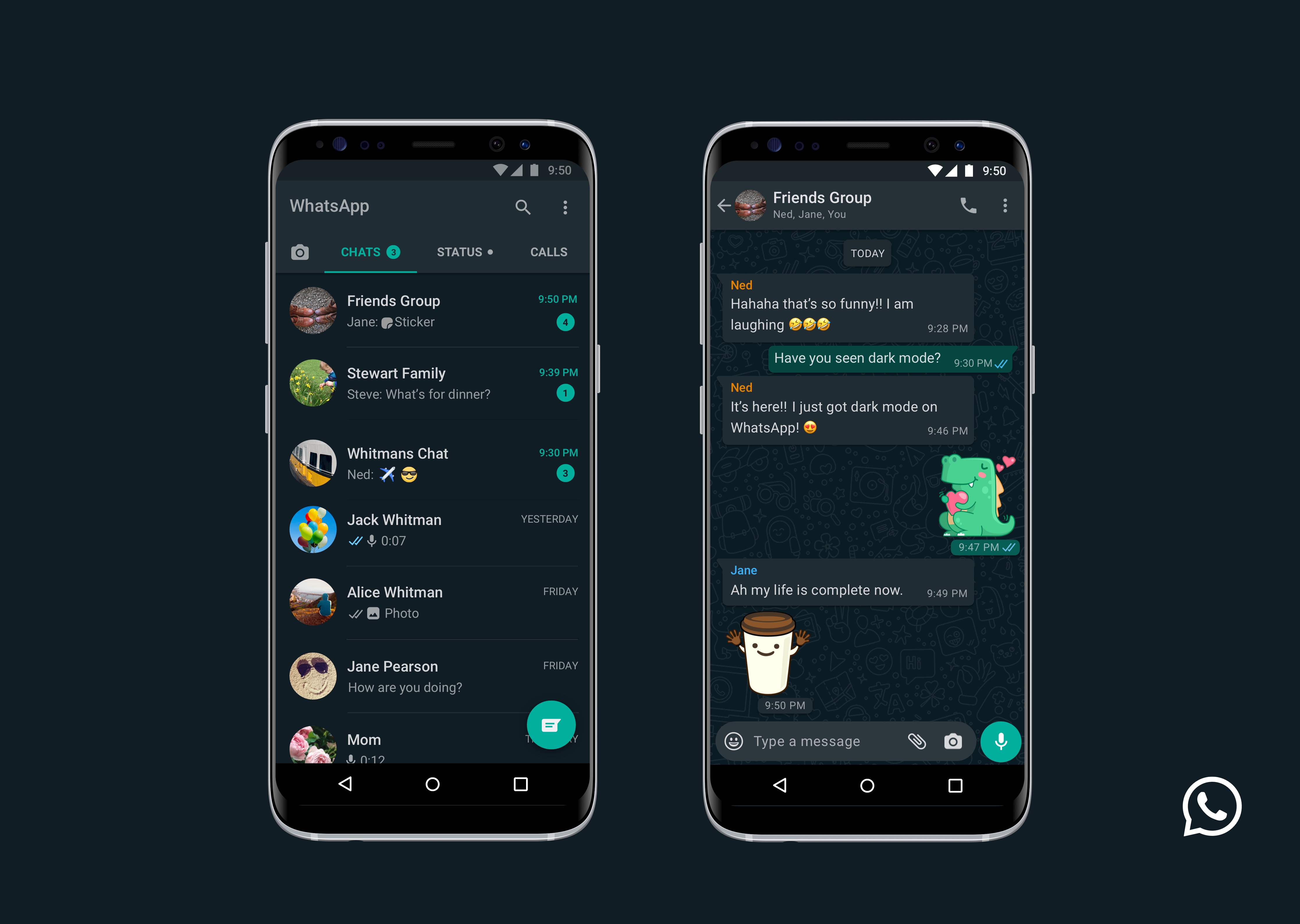 WhatsApp dark mode running on an Android smartphone