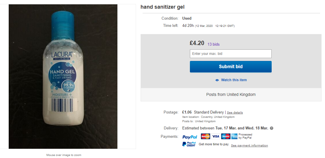 A bottle of second-hand sanitisers was being sold online for £4.20, plus postage, despite only being 3/4 full. (eBay)