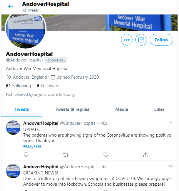 A screenshot showing a Twitter account posing as Andover Hospital to spread misinformation about the outbreak of Coronavirus
