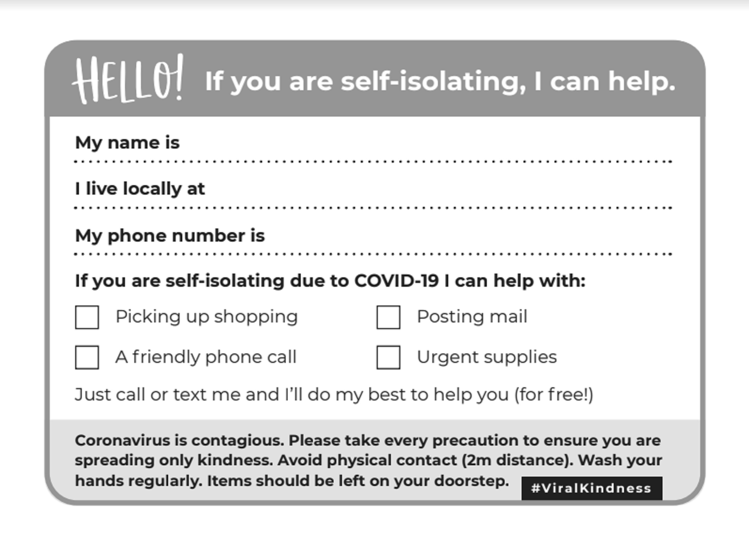 A picture of the postcard that has gone viral, helping people to help others during the coronavirus pandemic
