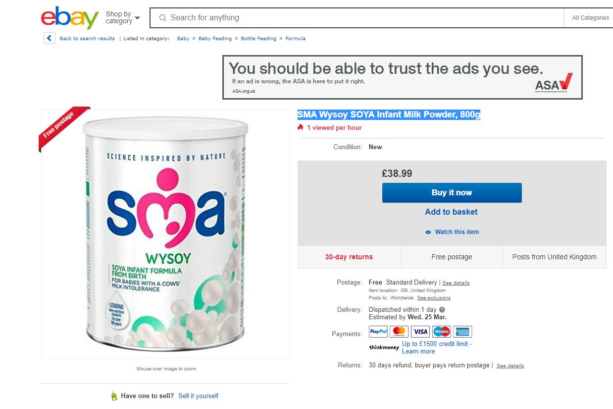 SMA milk powder sold for triple its usual price (screenshot/PA)