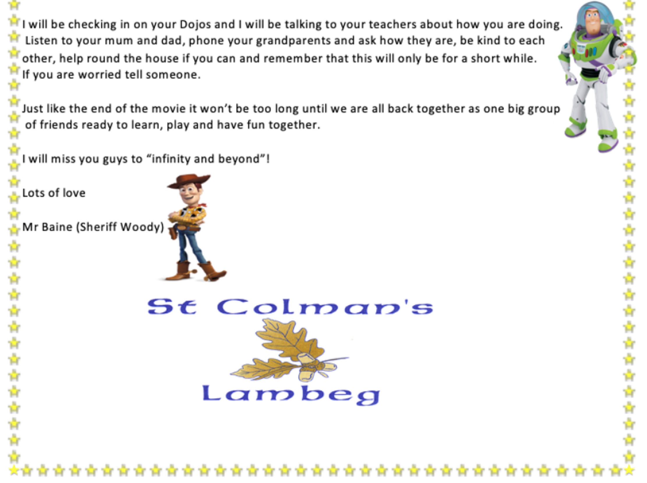 Stephen Baine's letter to students at St Colman’s Primary School in Lambeg