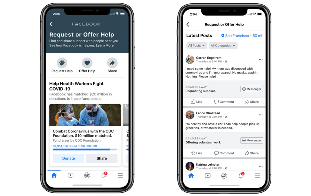 Facebook's new Community Help feature, which allows users to offer or request help in their community