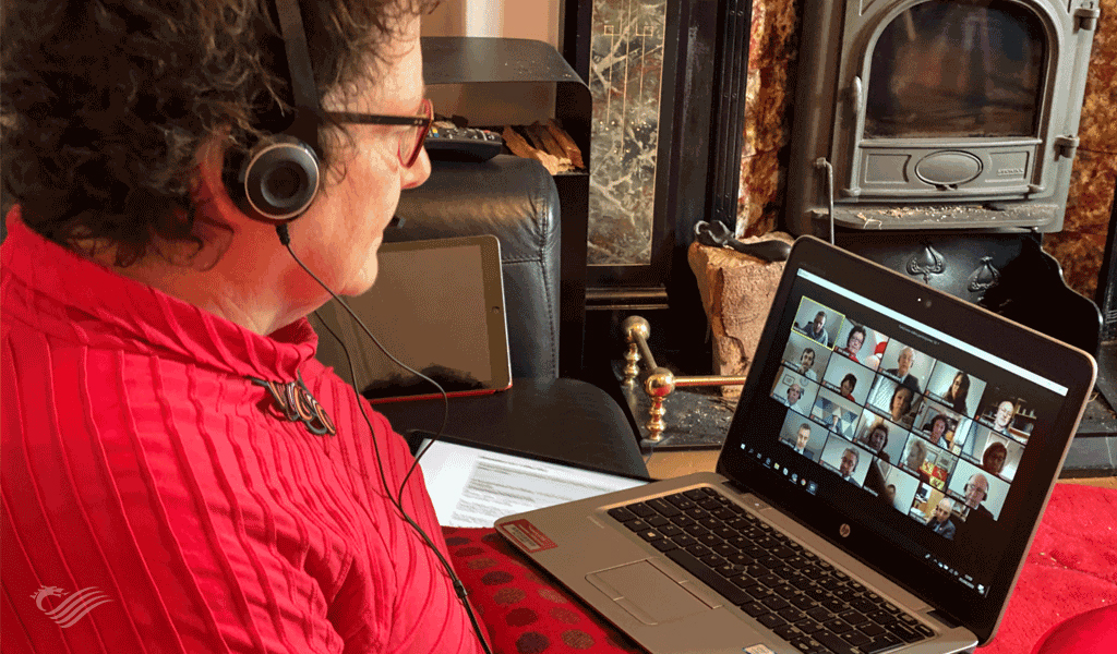 The Llywydd, Elin Jones AM, chairs a plenary session of the Welsh Assembly using Zoom video technology (Welsh Assembly/PA).