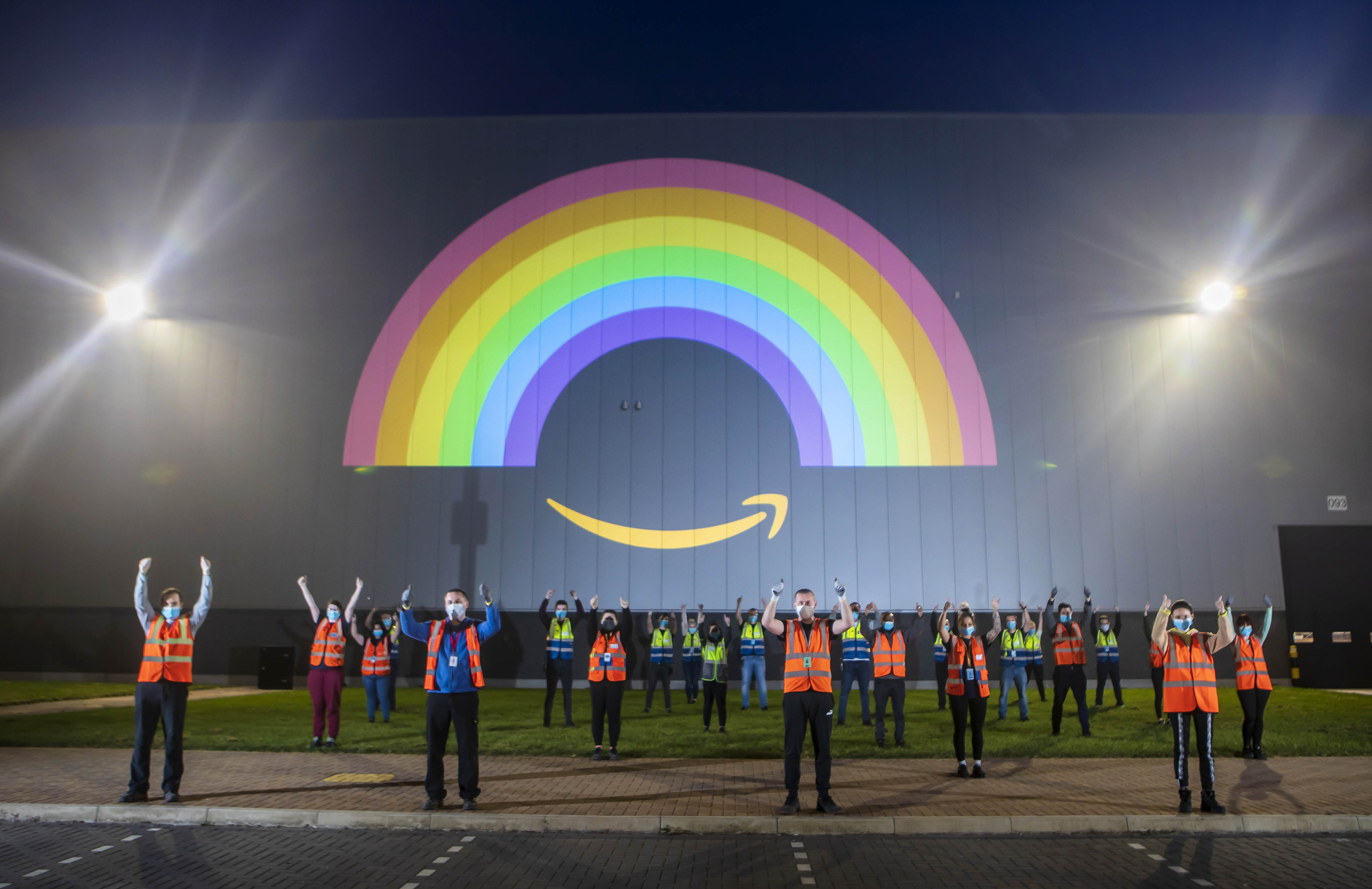 Amazon showed its thanks to the nations' key workers by lighting up its buildings around the country, including a giant rainbow projection at the Fulfilment Centre in Doncaster