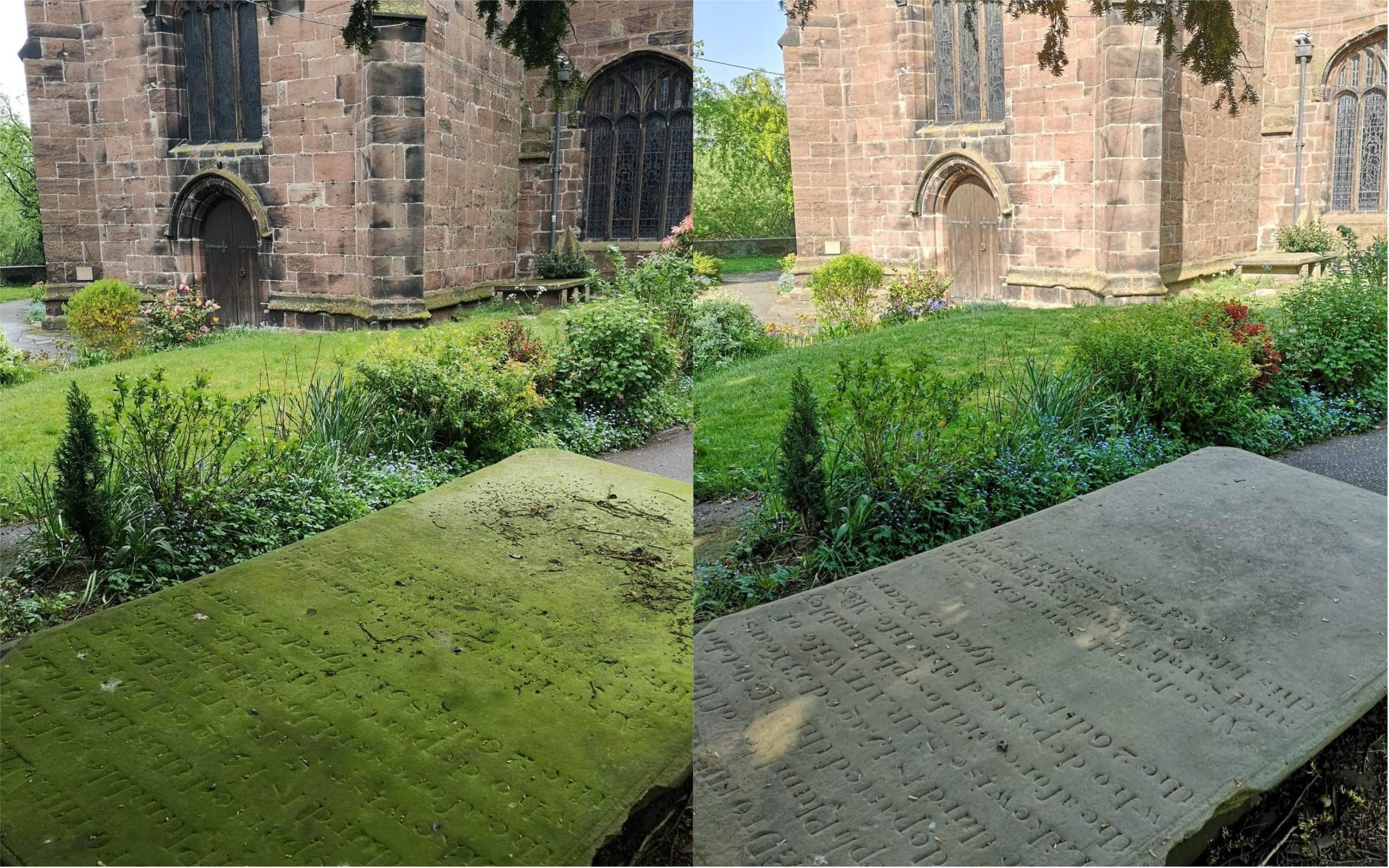 A gravestone before and after being cleaned up