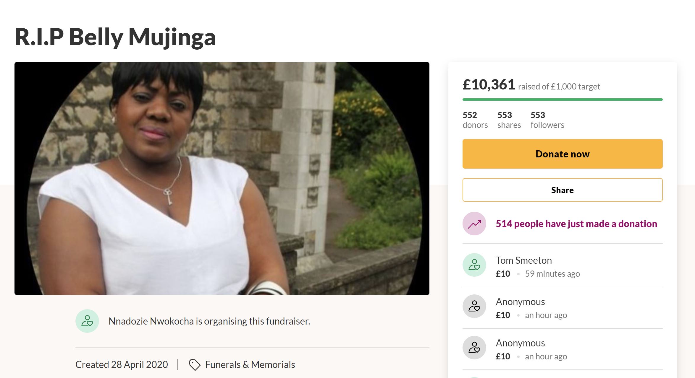 The GoFundMe page for Belly Mujinga