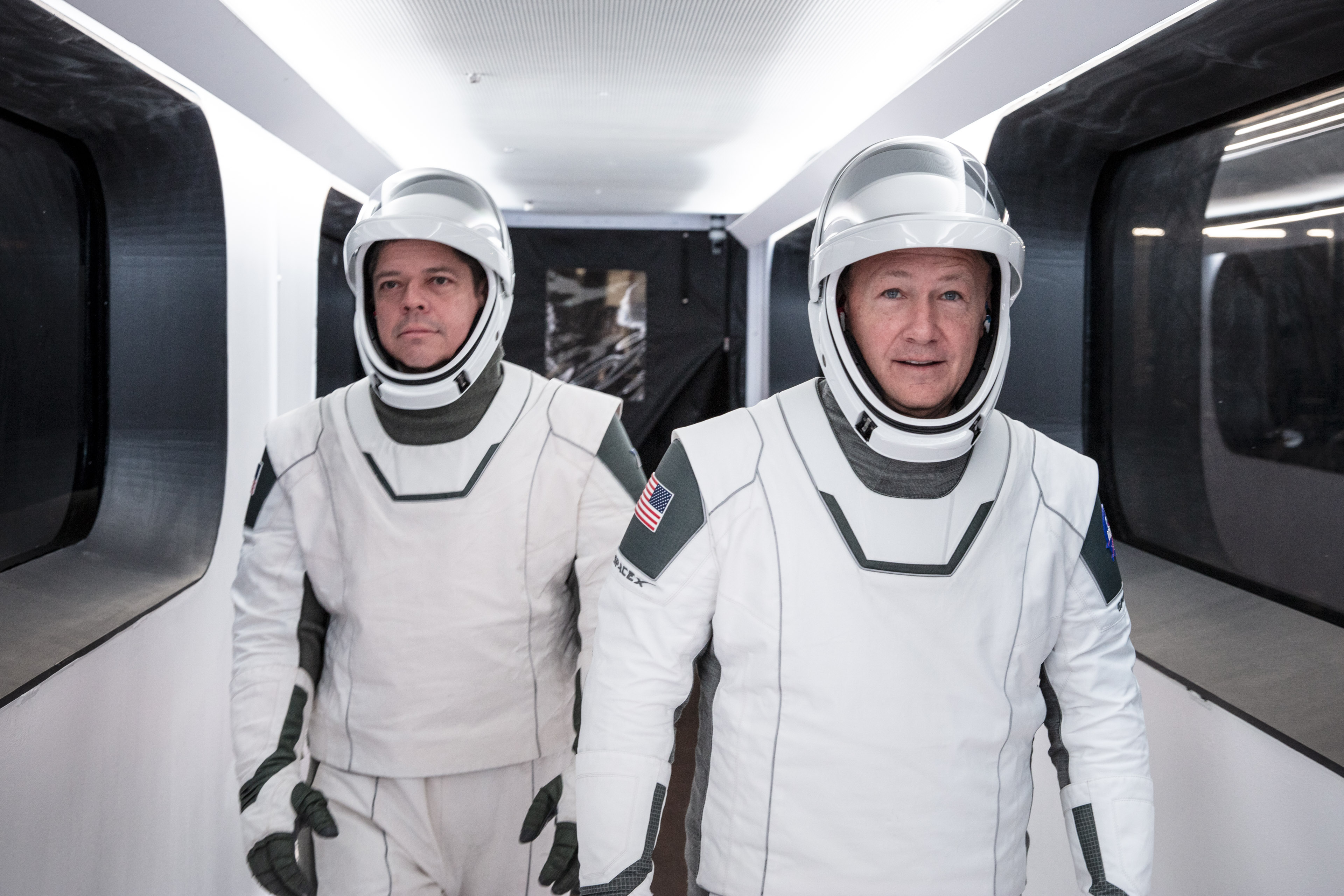 Nasa astronauts Bob Behnken and Doug Hurley in their SpaceX spacesuits