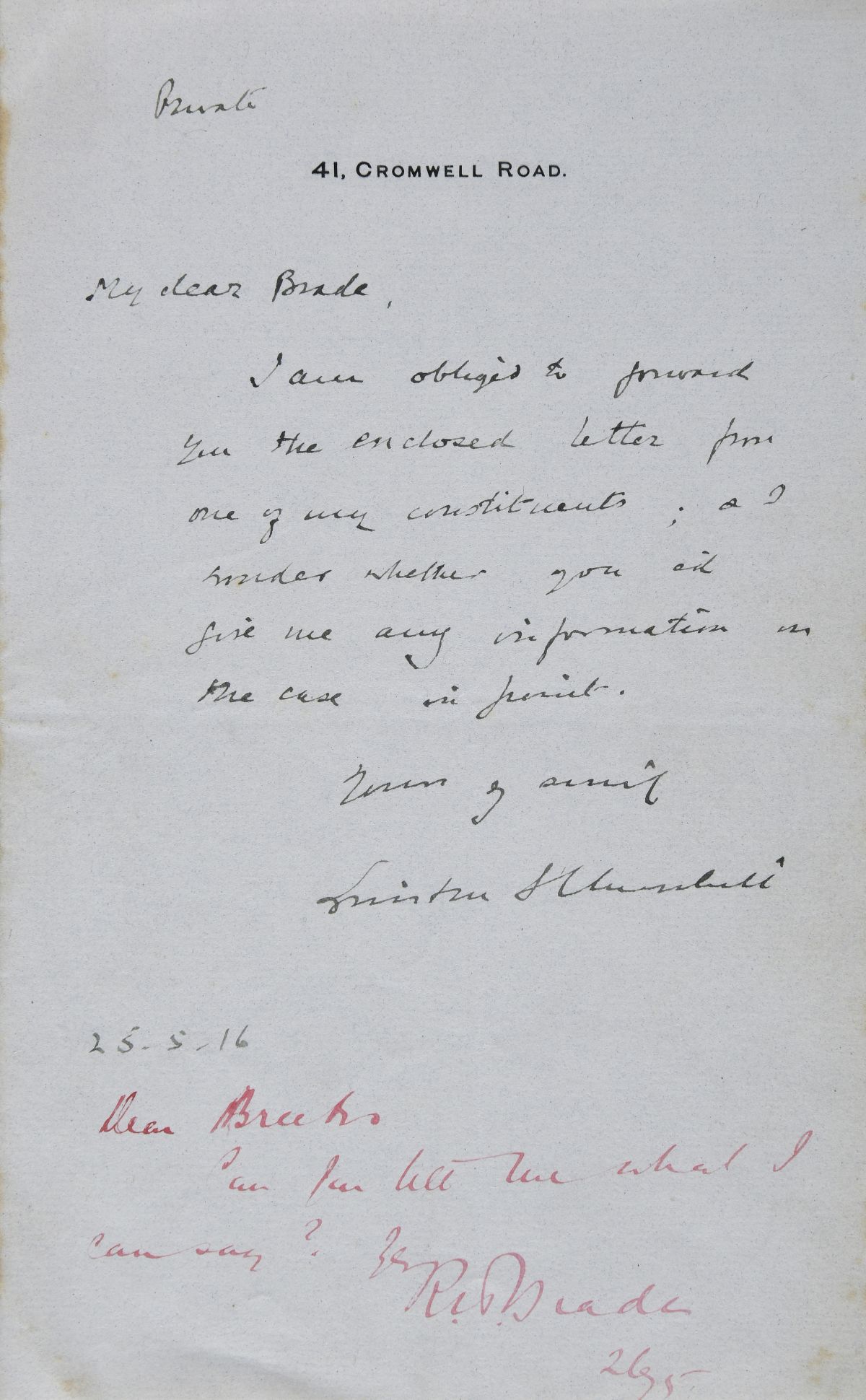 A signed letter from Winston Churchill dated May 1916 to  Sir Reginald Brade (Dominic Winter Auctioneers/PA)