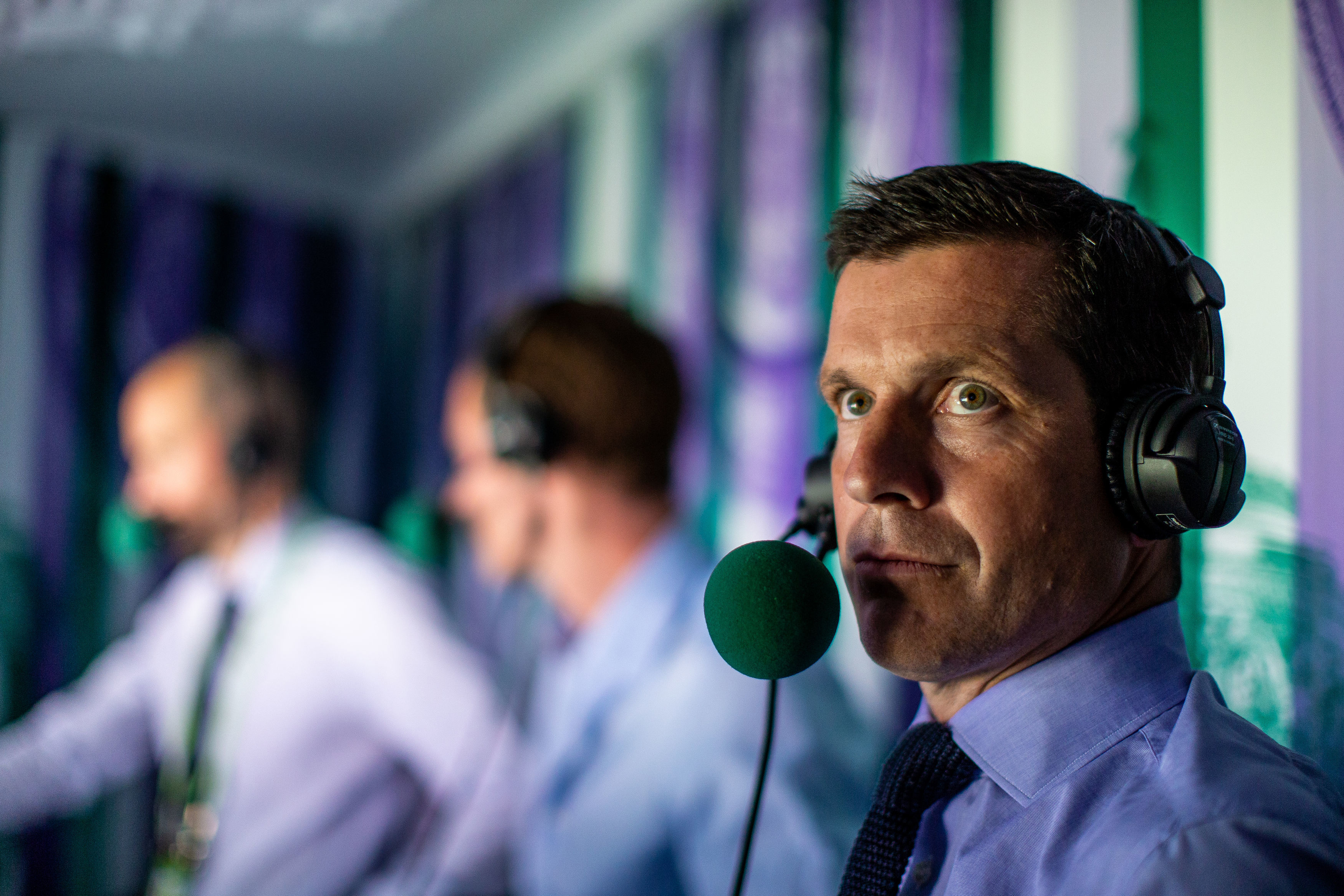 Andrew Cotter, Andy Murray and Tim Henman in the commentary box on centre court on day nine of the Wimbledon (Steven Paston/PA)