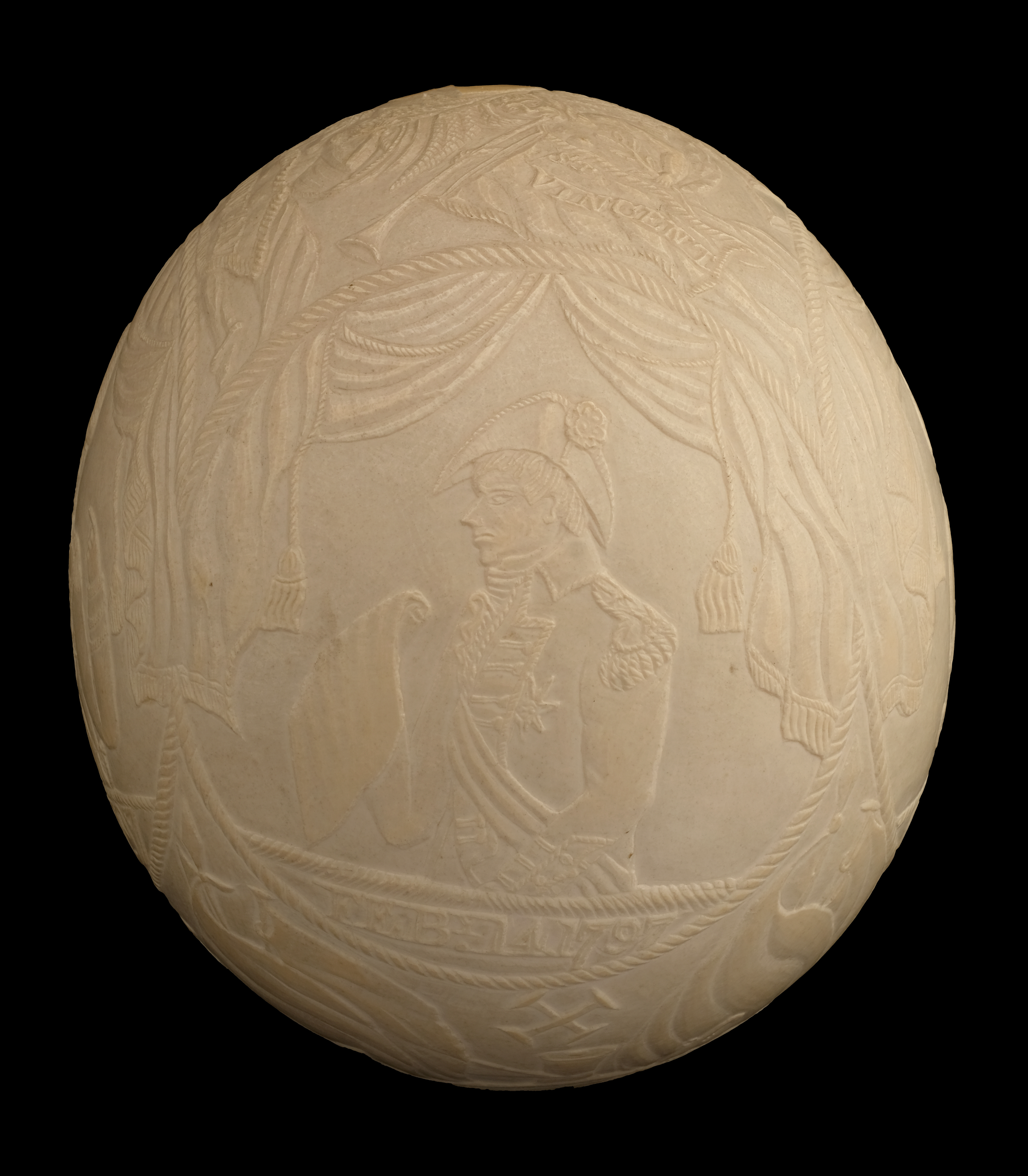 The finely carved Battle of Trafalgar ostrich egg depicting famous Royal Navy commanders is also being sold (Dominic Winter Auctioneers/PA).
