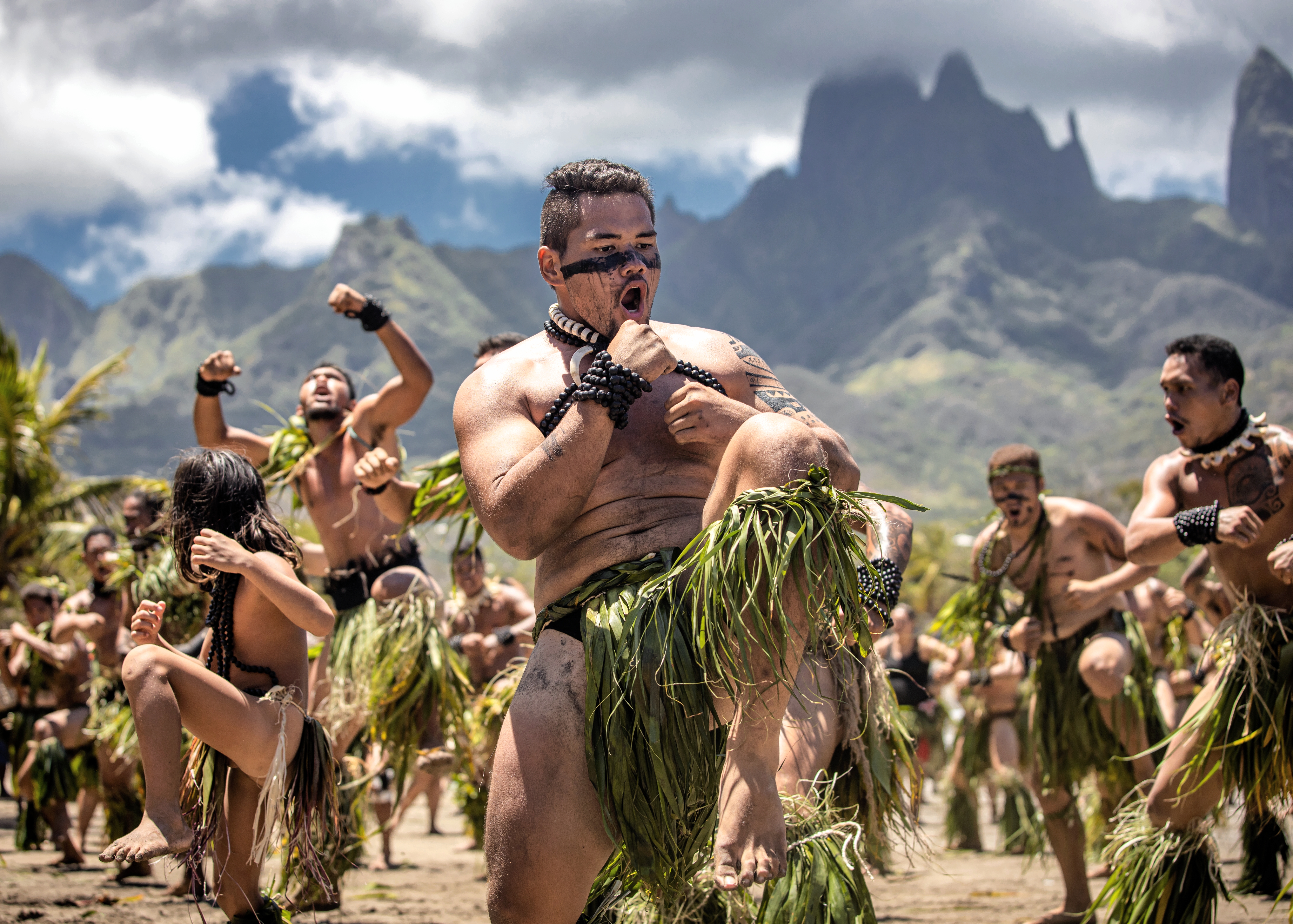 Dancers perform the haka during the Matavaa festival on the Marquesas Islands in French Polynesia
