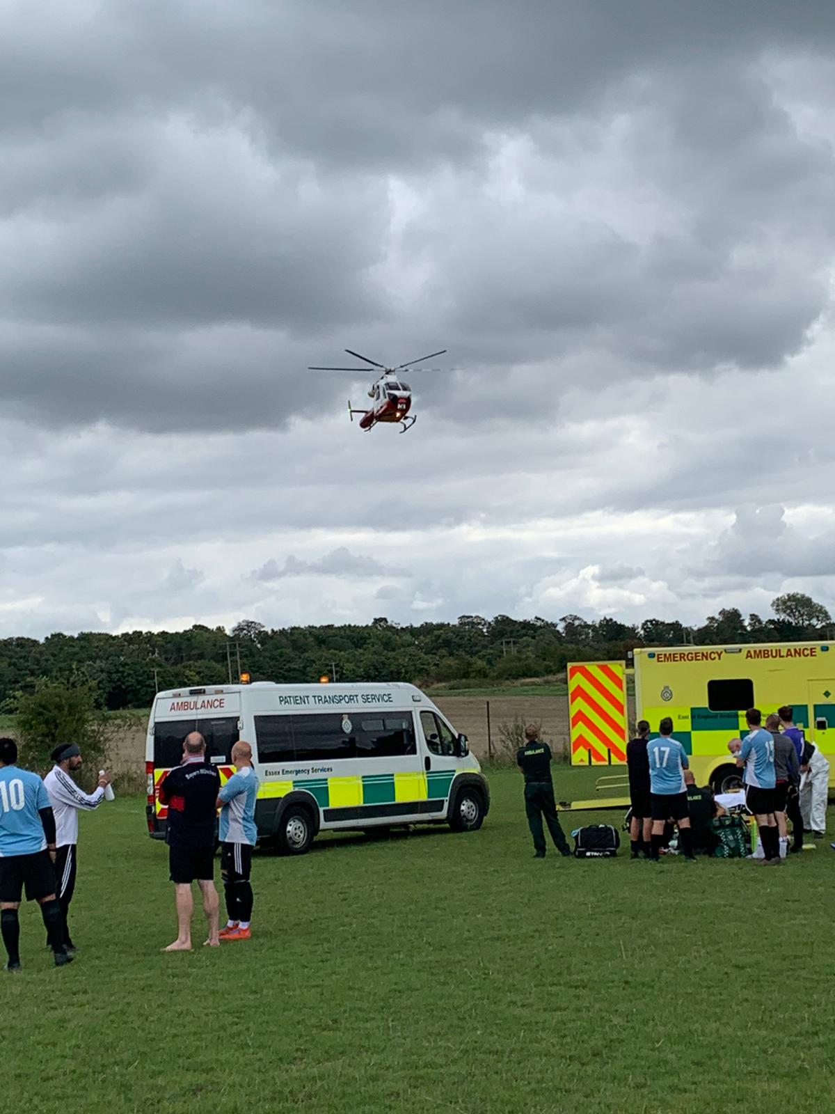 A helicopter arrives at the football pitch after a Sunday League footballer suffered a cardiac arrest