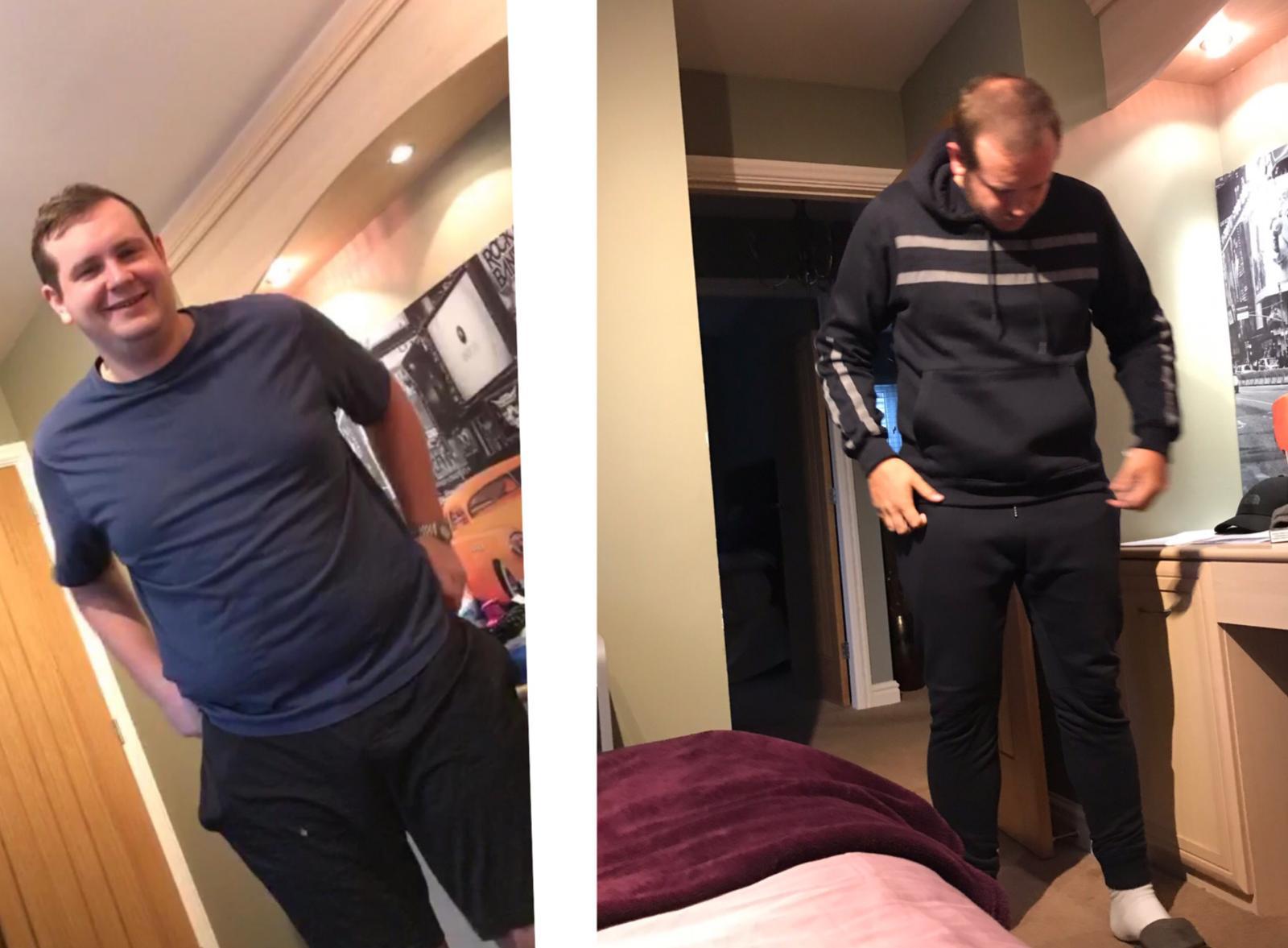 Two photos showing Kieran Amos before and after he lost seven stone during lockdown