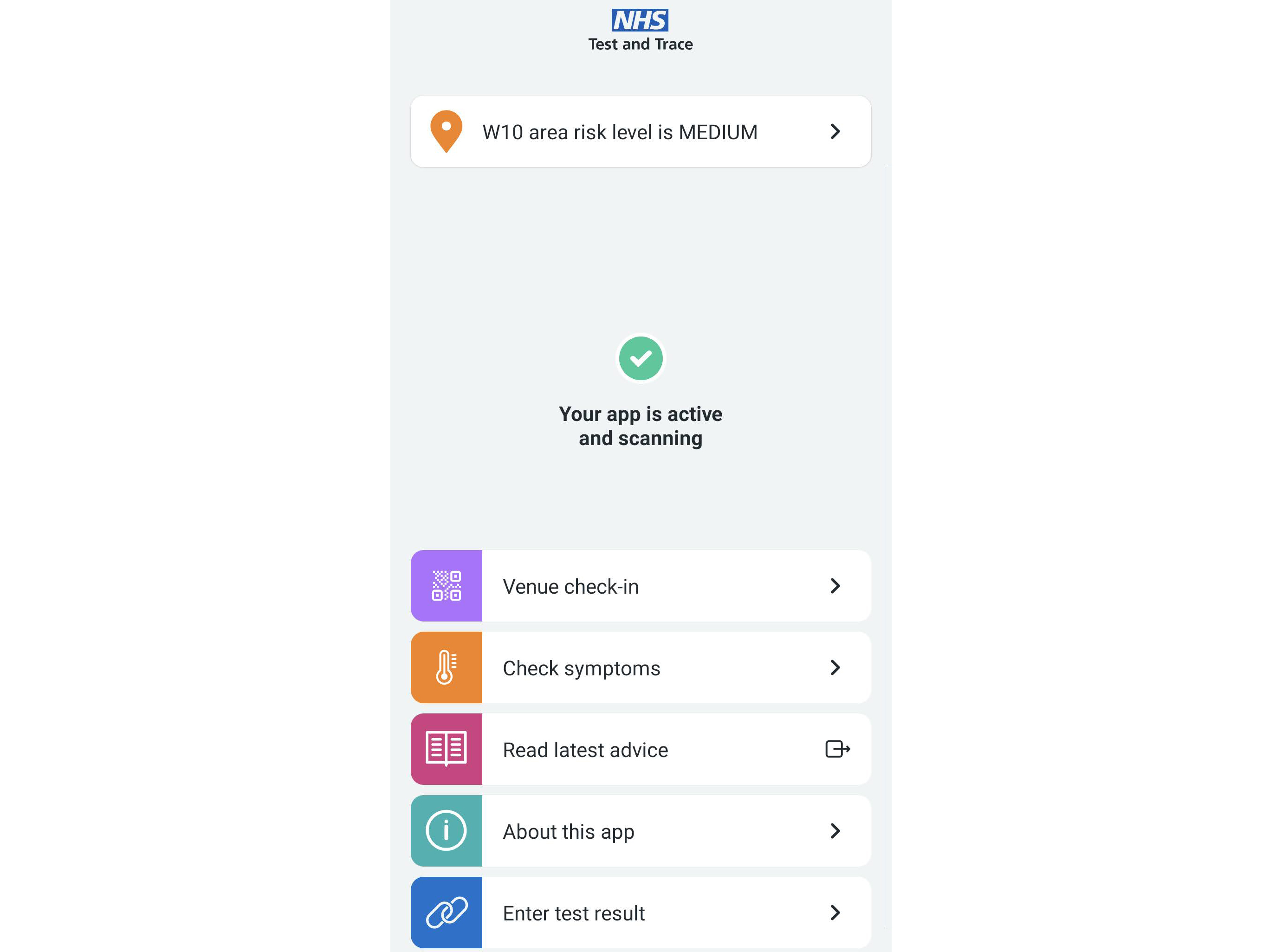 The main page on the NHS Covid-19 app