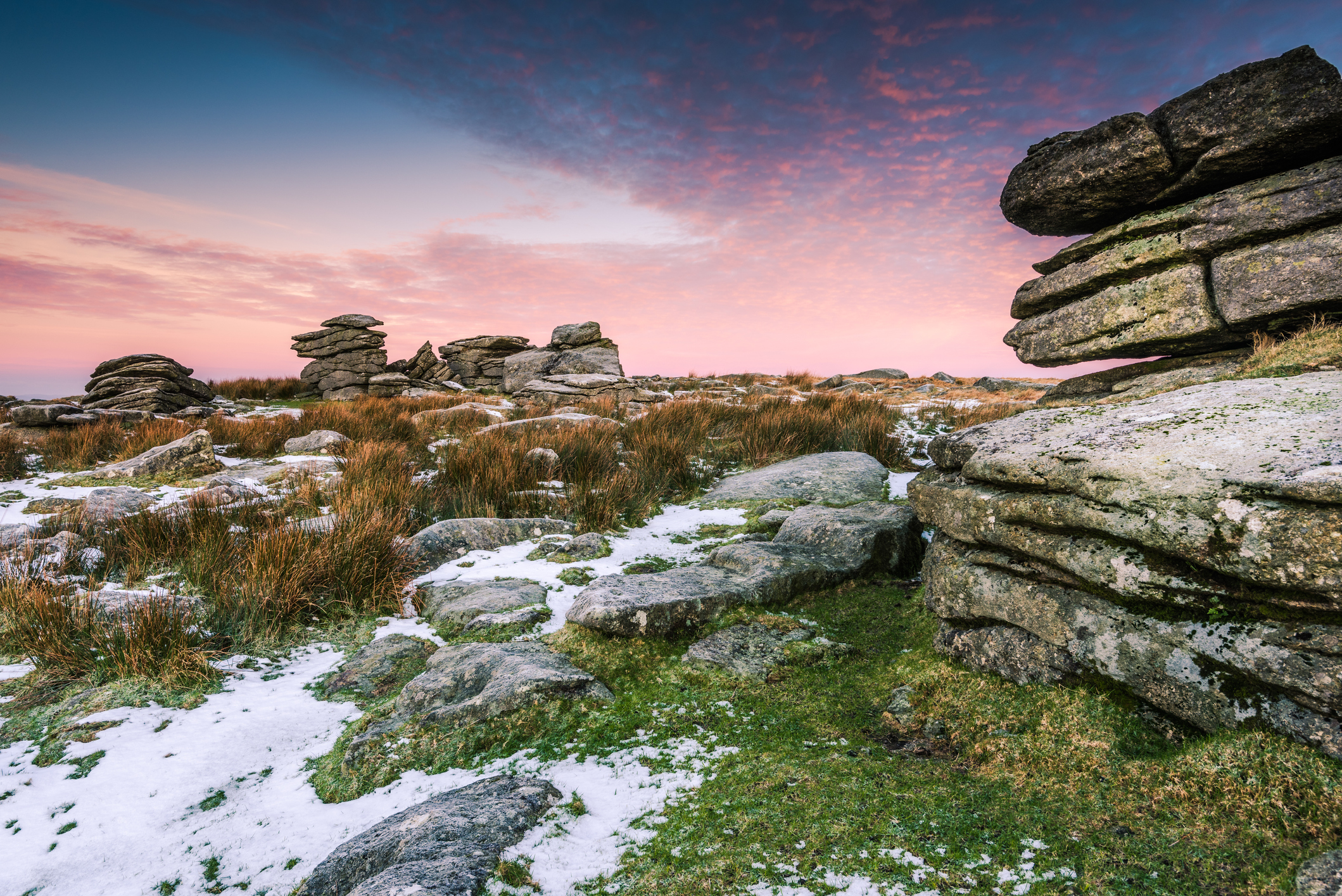 Cold and frosty morning hiking on hils at Dartmoor National Park, Devon, UK.