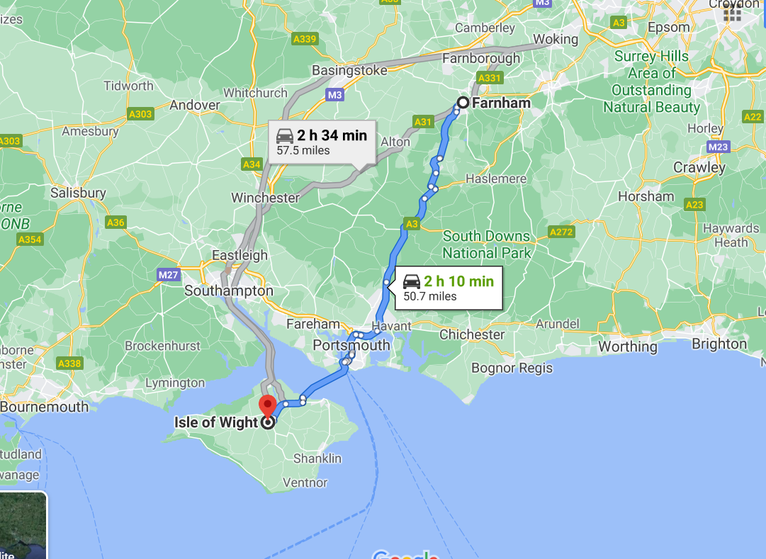Google Maps screengrab of the 100-mile round trip key worker Martin Baker was forced to take for a coronavirus test on the Isle of Wight