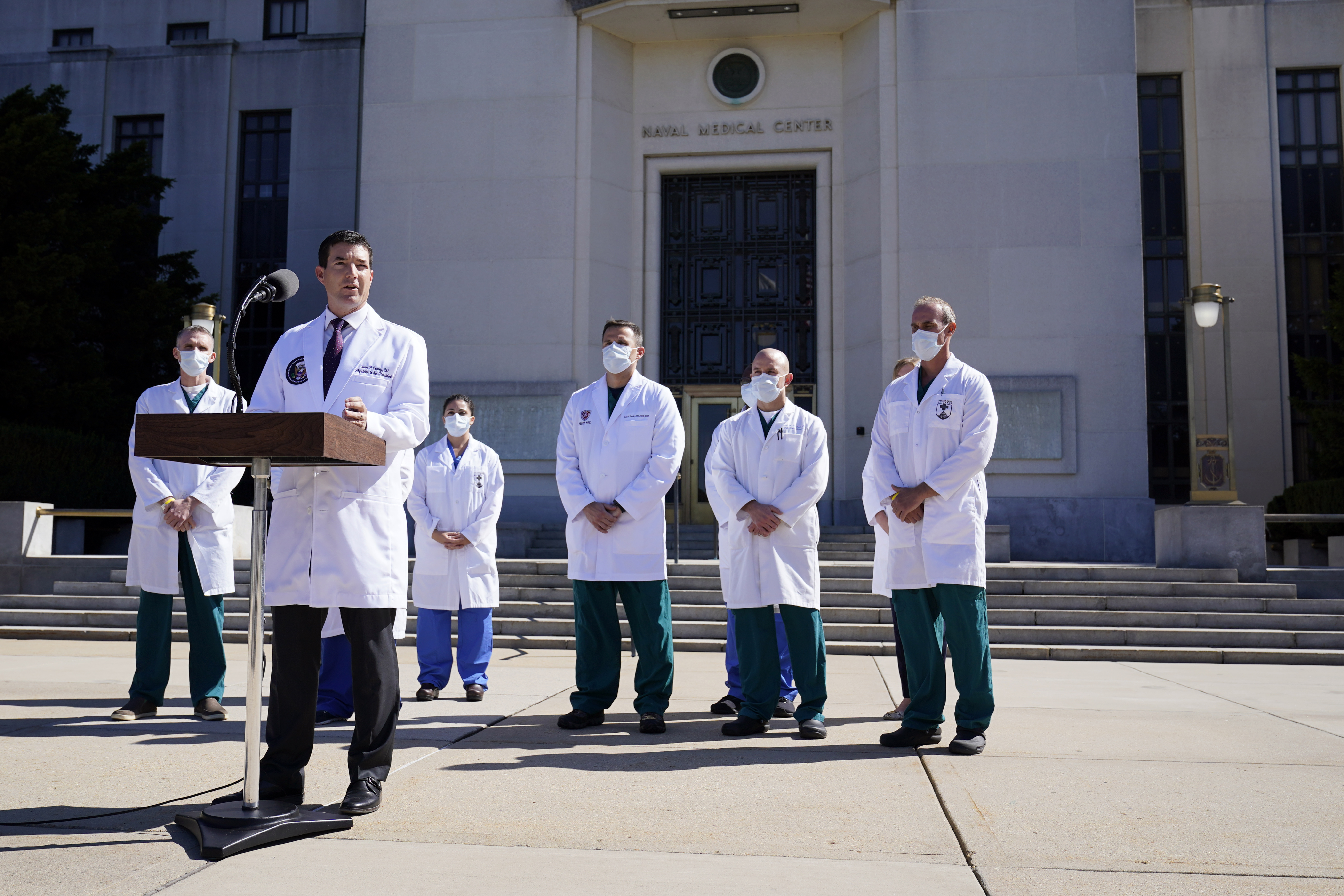 Dr Sean Conley, physician to President Donald Trump, briefs reporters at Walter Reed National Military Medical Centre