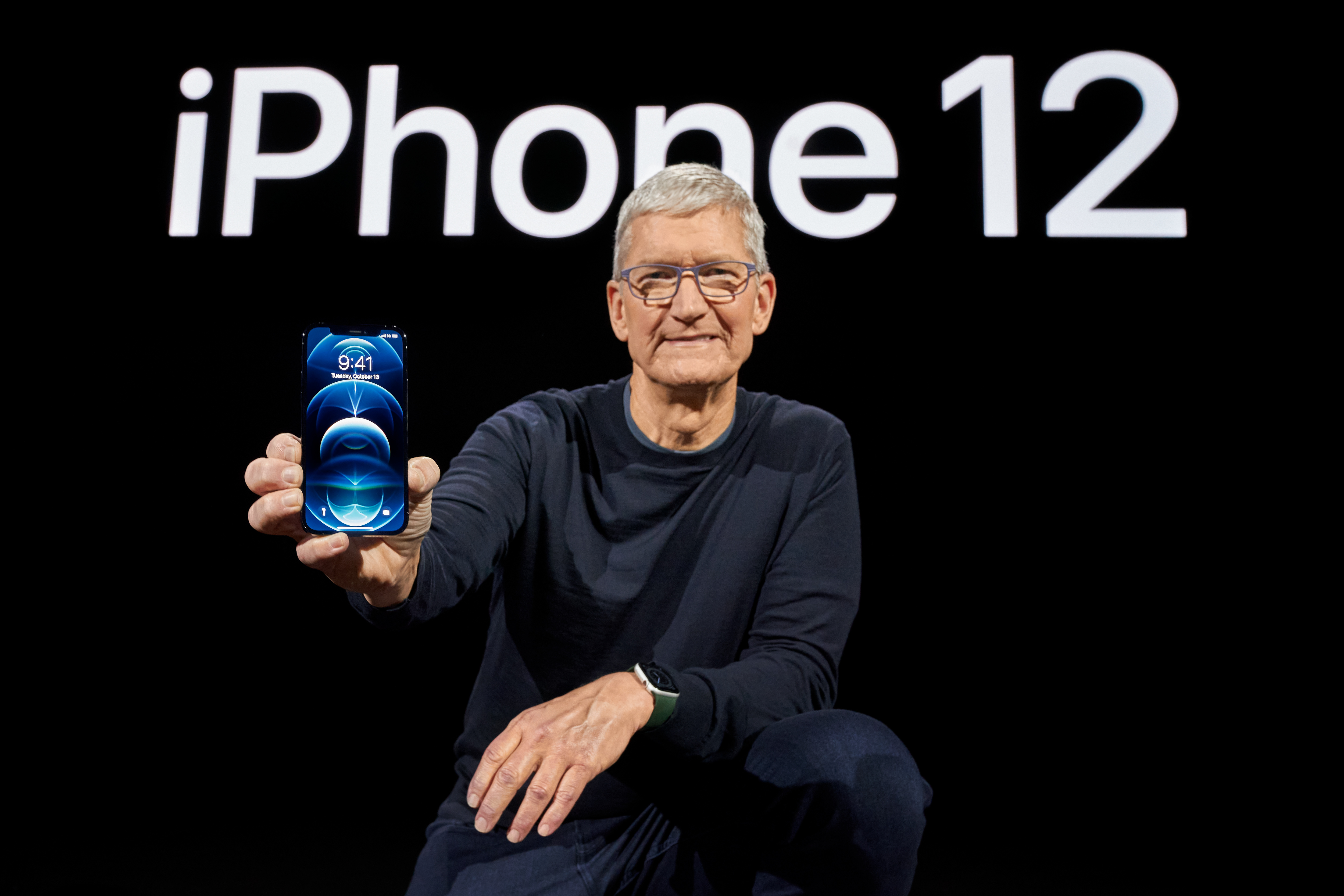 Apple boss Tim Cook showcasing the all-new iPhone 12 Pro at Apple Park in Cupertino, California