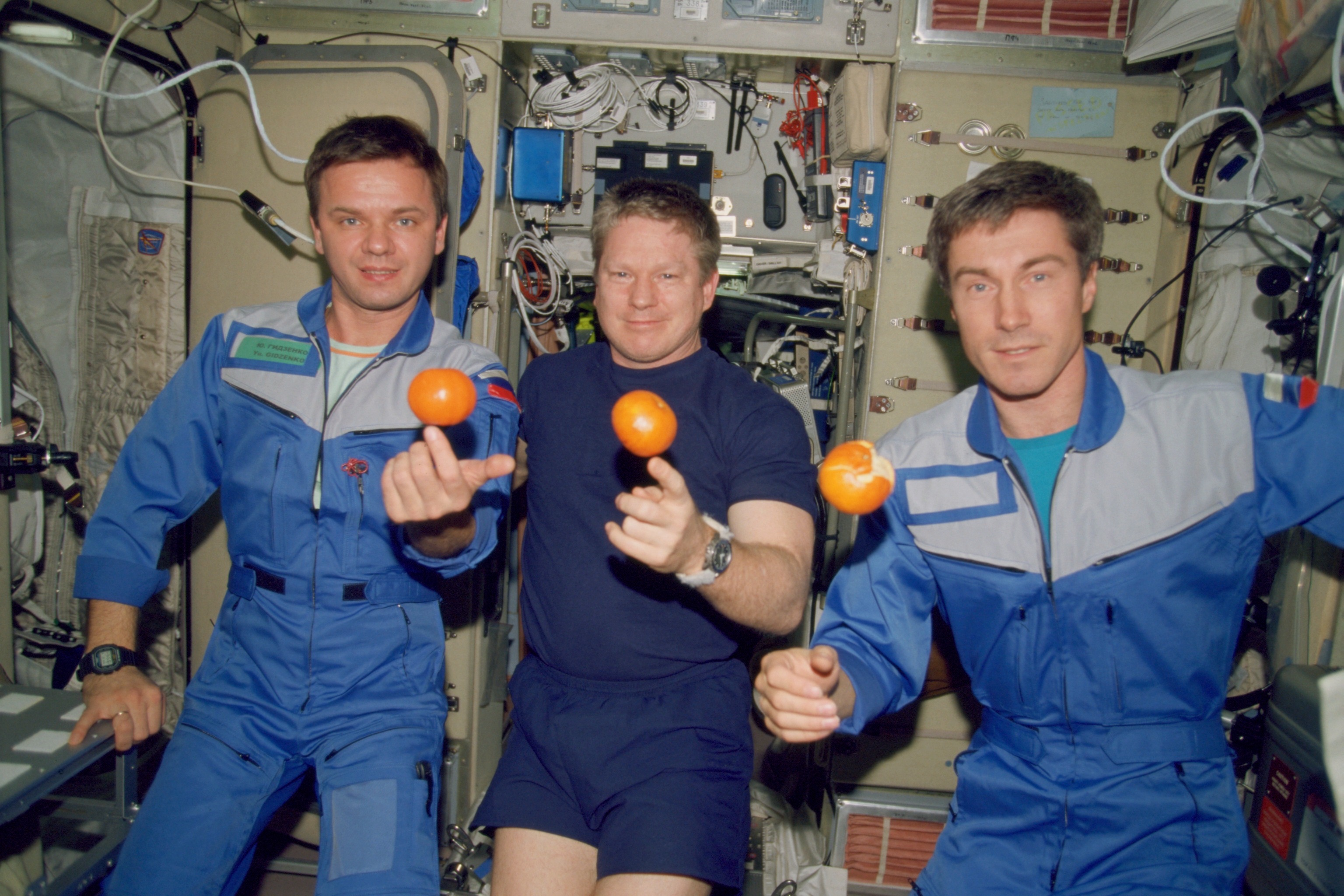 The Expedition 1 crew from the left, cosmonaut Yuri Gidzenko, Nasa astronaut William Shepherd, and cosmonaut Sergei Krikalev