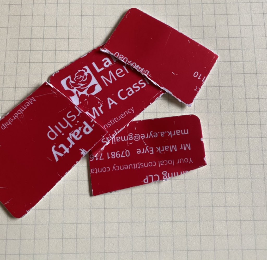 A ripped up Labour Party membership card 