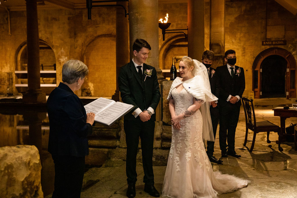 Tilly Christmas and Keiran White were married at the Roman Baths in Bath (Memories Made Photography/Bath and North East Somerset Council/PA)