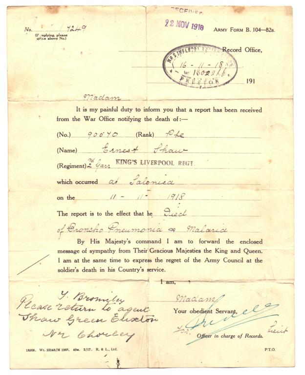 Ernest Shaw War Office notice