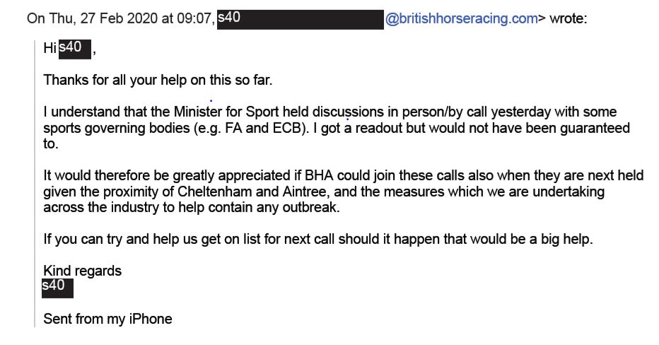Excerpt of an email from the BHA to DCMS, obtained by PA under a Freedom of Information request