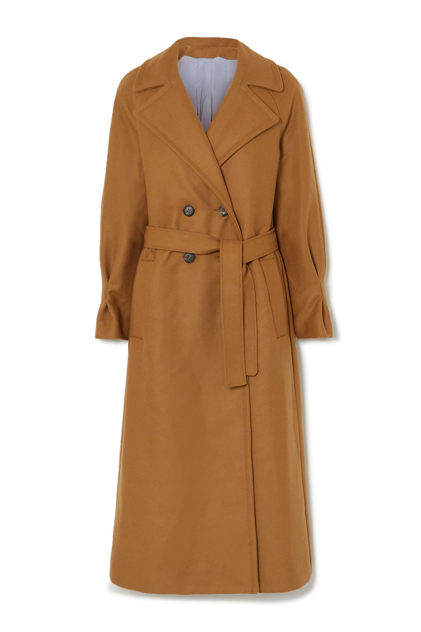 Belted double-breasted merino wool-blend coat, 