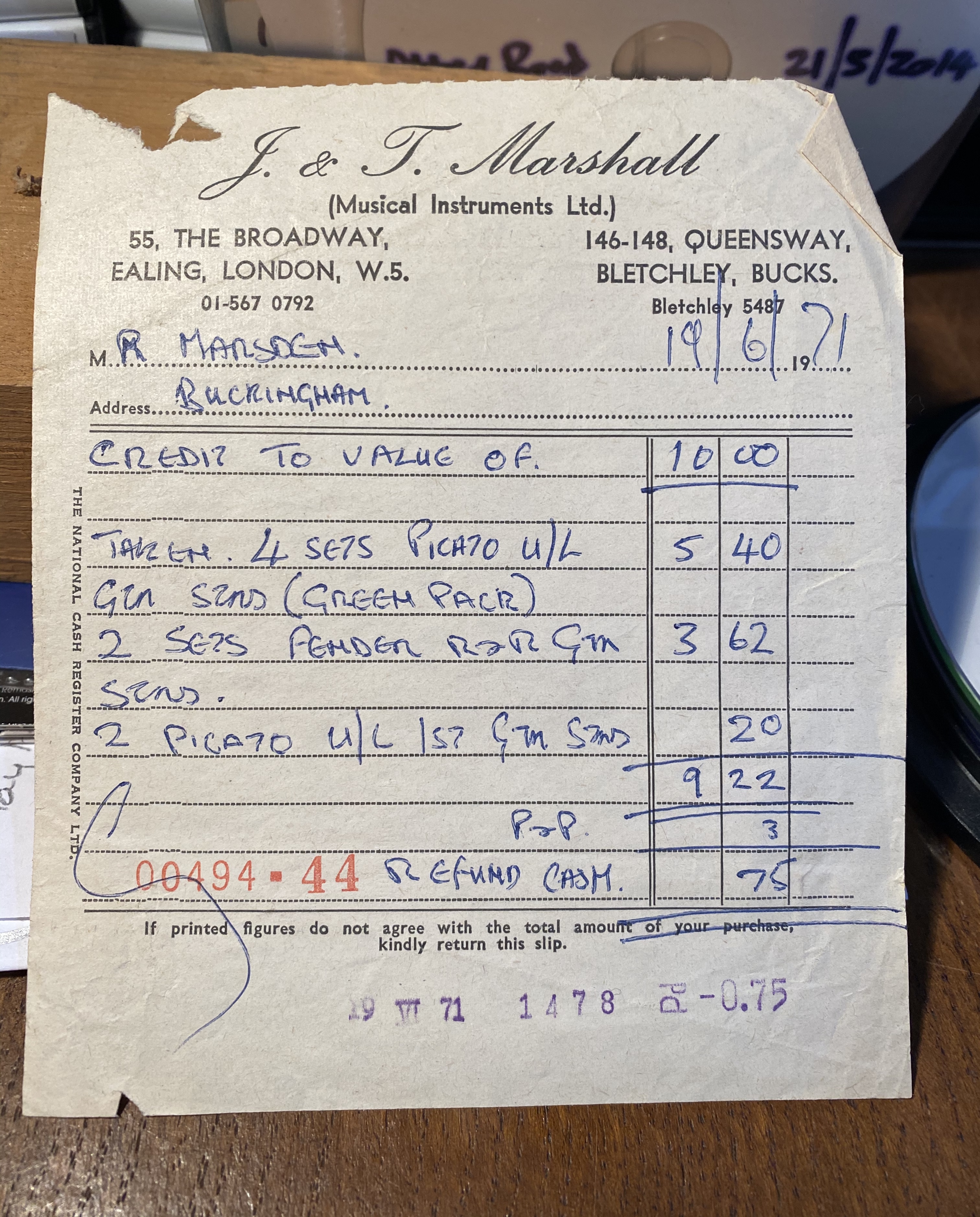 A receipt Marsden kept after buying equipment from Jim Marshall's amplifier shop (Gardiner Houlgate/PA)