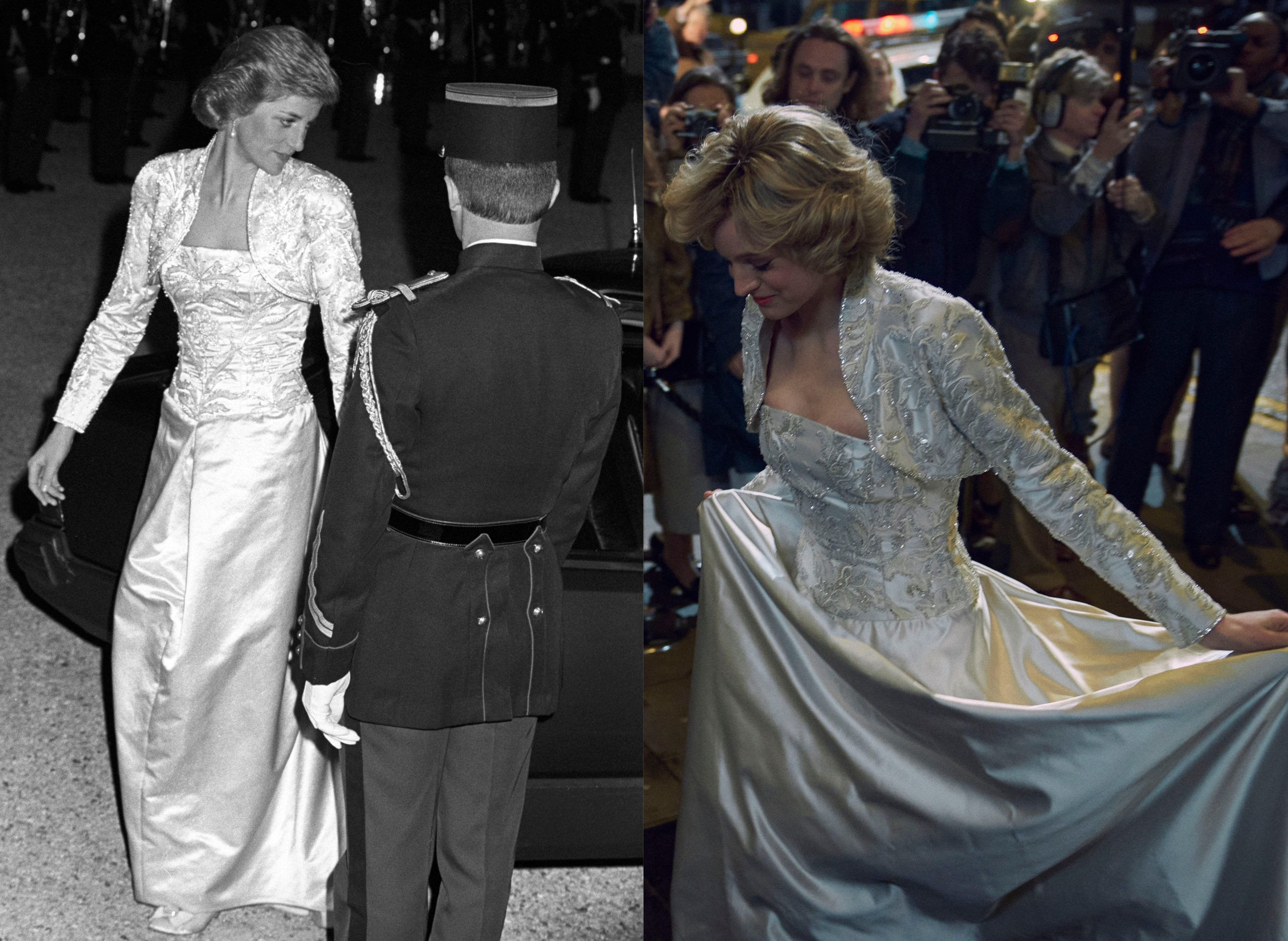 (L) Princess Diana at the Elysee Palace in 1988 and (R) wearing a copy of the dress in The Crown