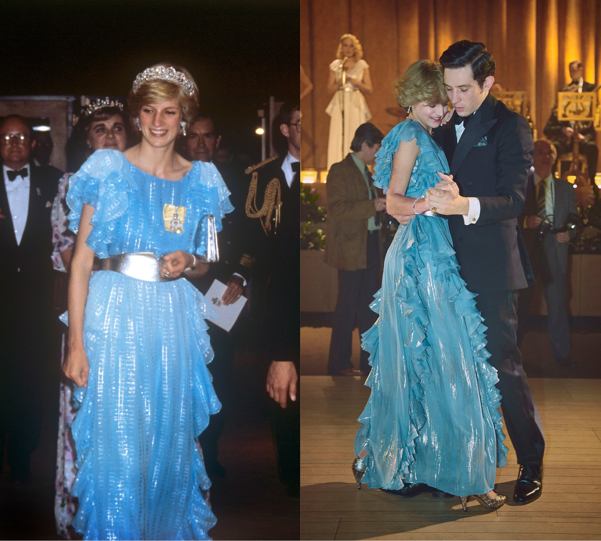 (L) Princess Diana in 1983 and (R) dancing with Charles on the show