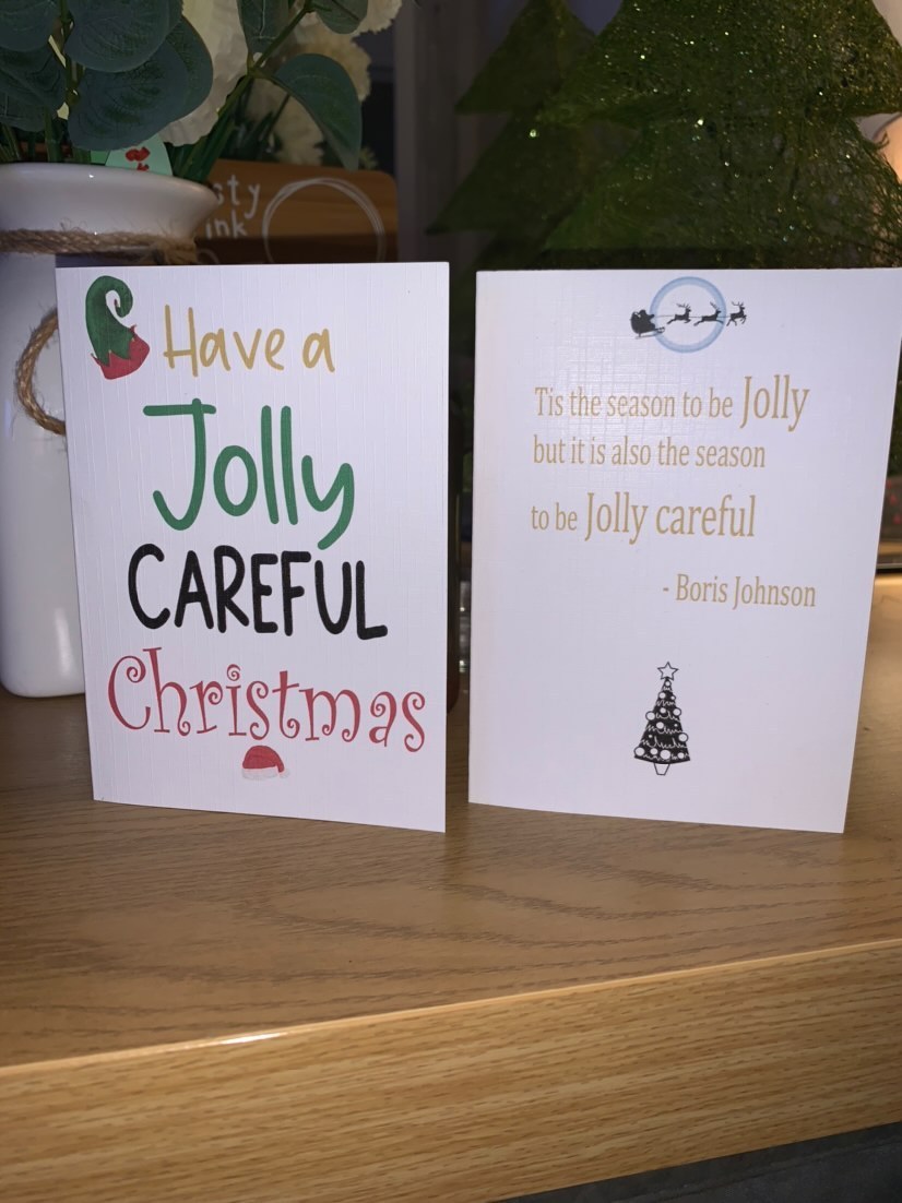 Christmas card inspired by the Prime Minister's "jolly careful" speech, created and sold by small business Willow and Fox Designs (Lindsey Webb).