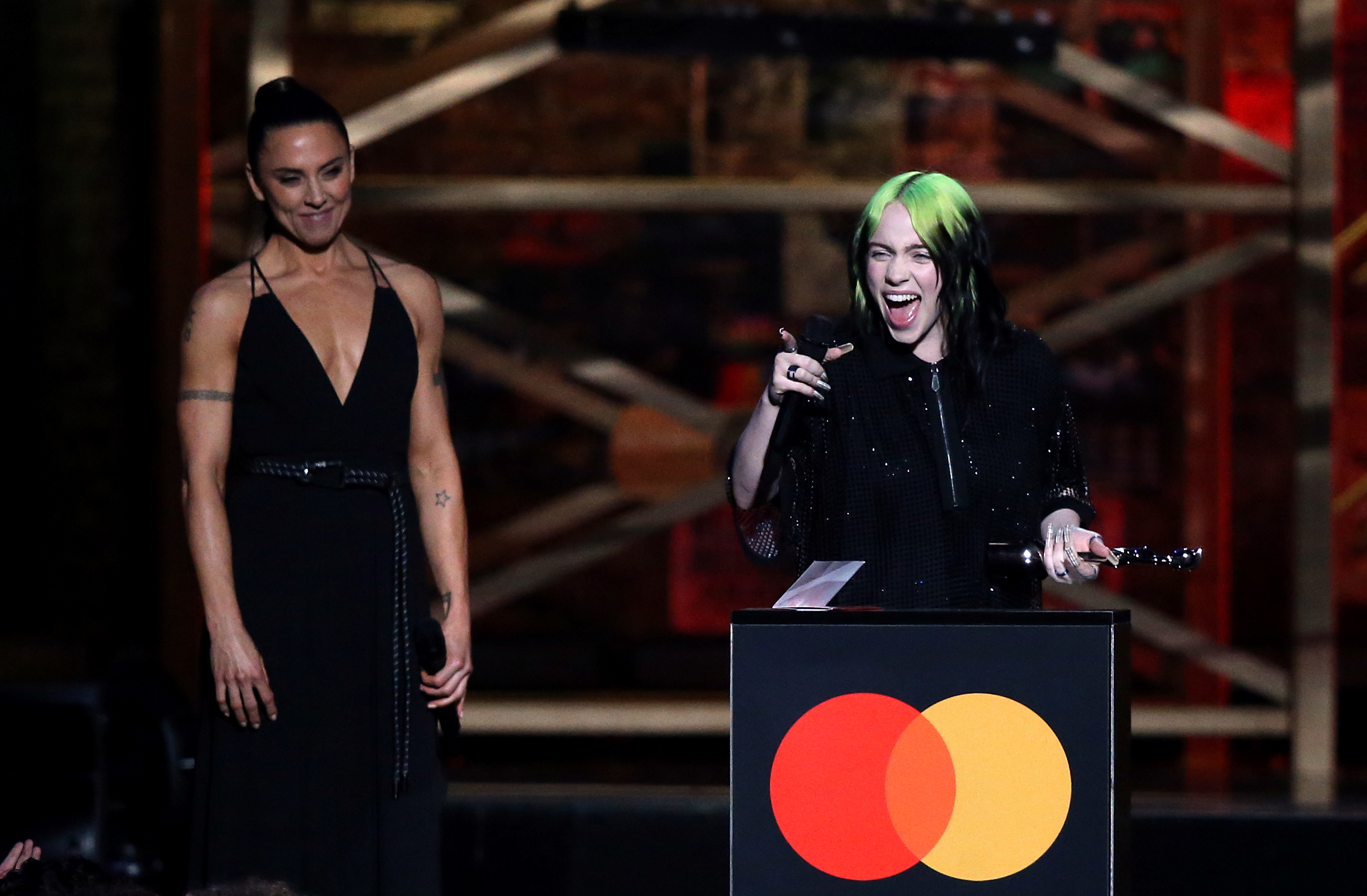 Billie Eilish with her international female solo artist award on stage at the Brit Awards 2020 at the O2 Arena, London