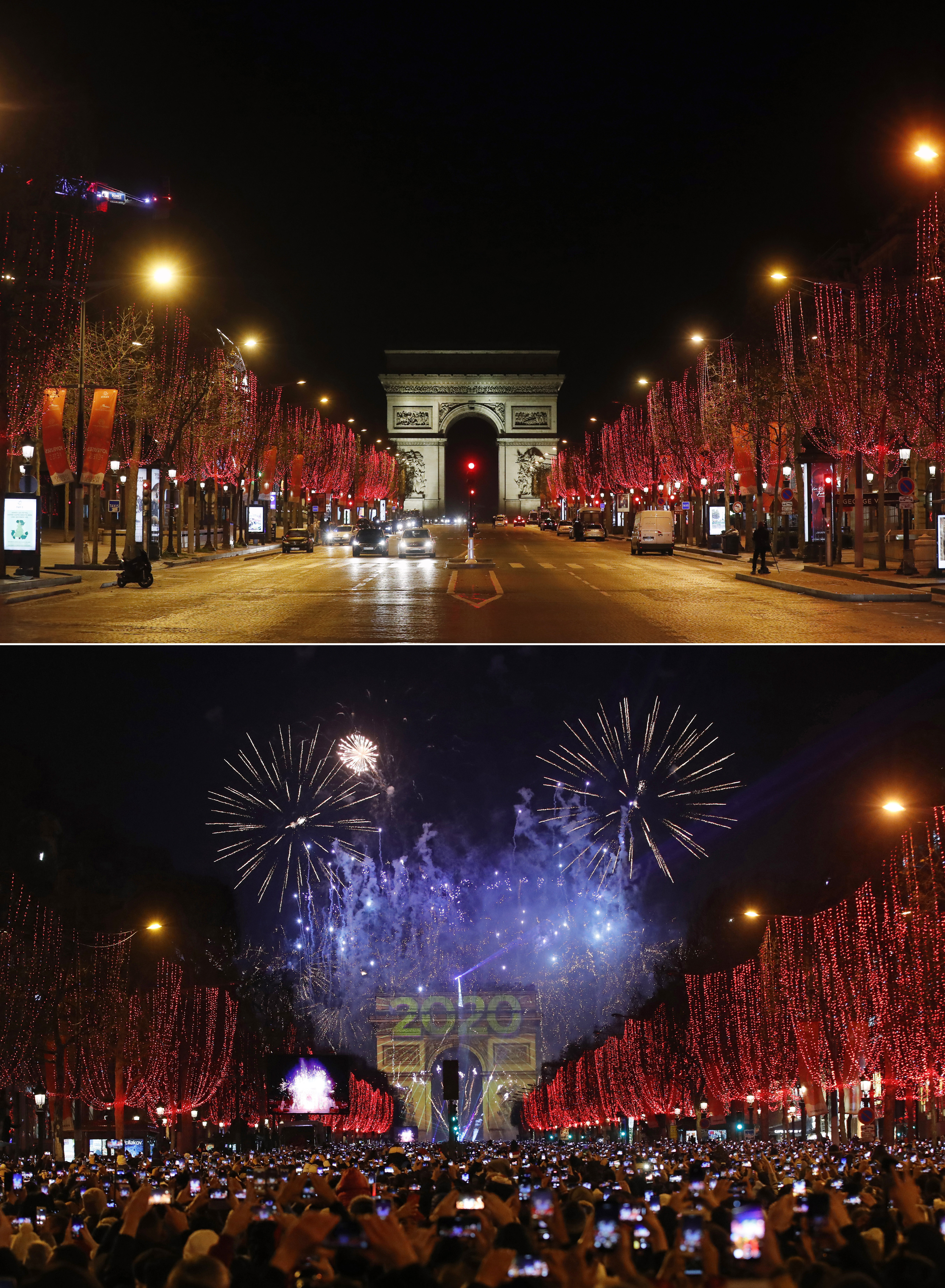 A combo image showing a general view of the Champs Elysees avenue in Paris very early on New Year's Day 2021, and the bottom one the same location packed with revellers early on January 1 2020 