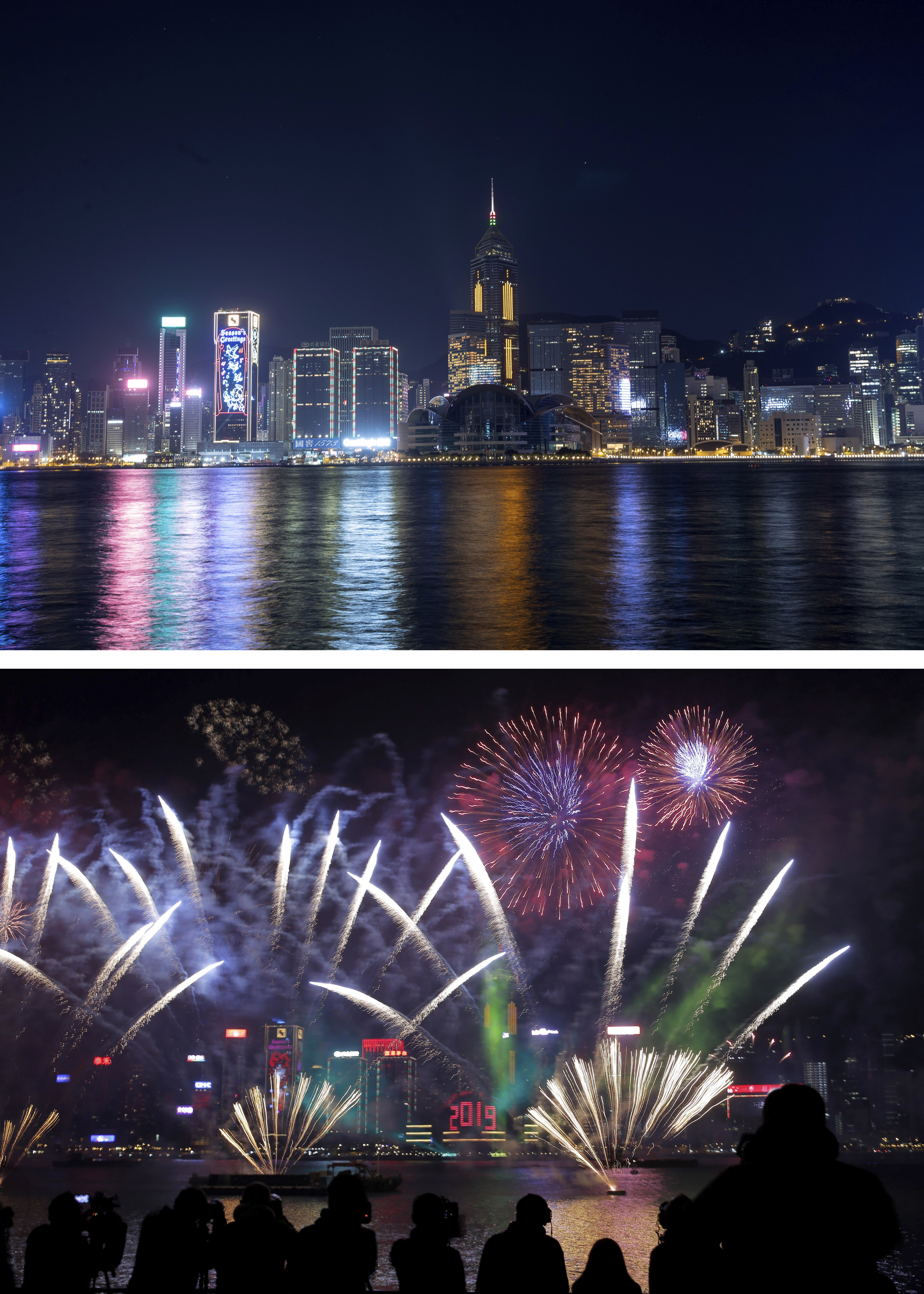 A combo image showing a general view of the Victoria Harbour at the New Year's Eve of year 2021 in Hong Kong, the top photo taken on Thursday December 31 2020 and the bottom one on Tuesday January 1 2019 